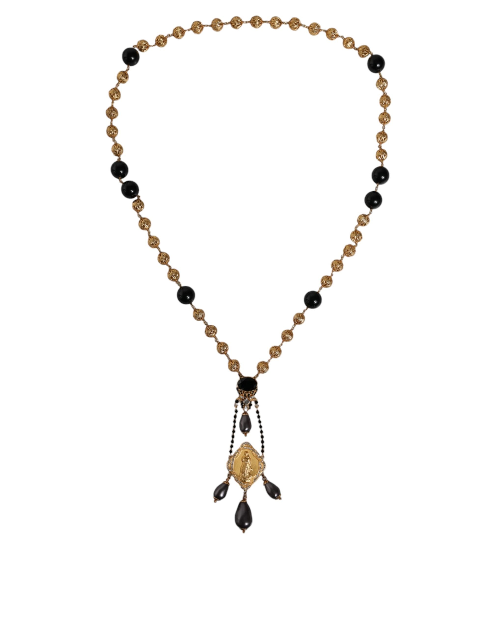 Dolce & Gabbana Gold Chain Brass Black Beaded Rosary Style Necklace Dolce & Gabbana