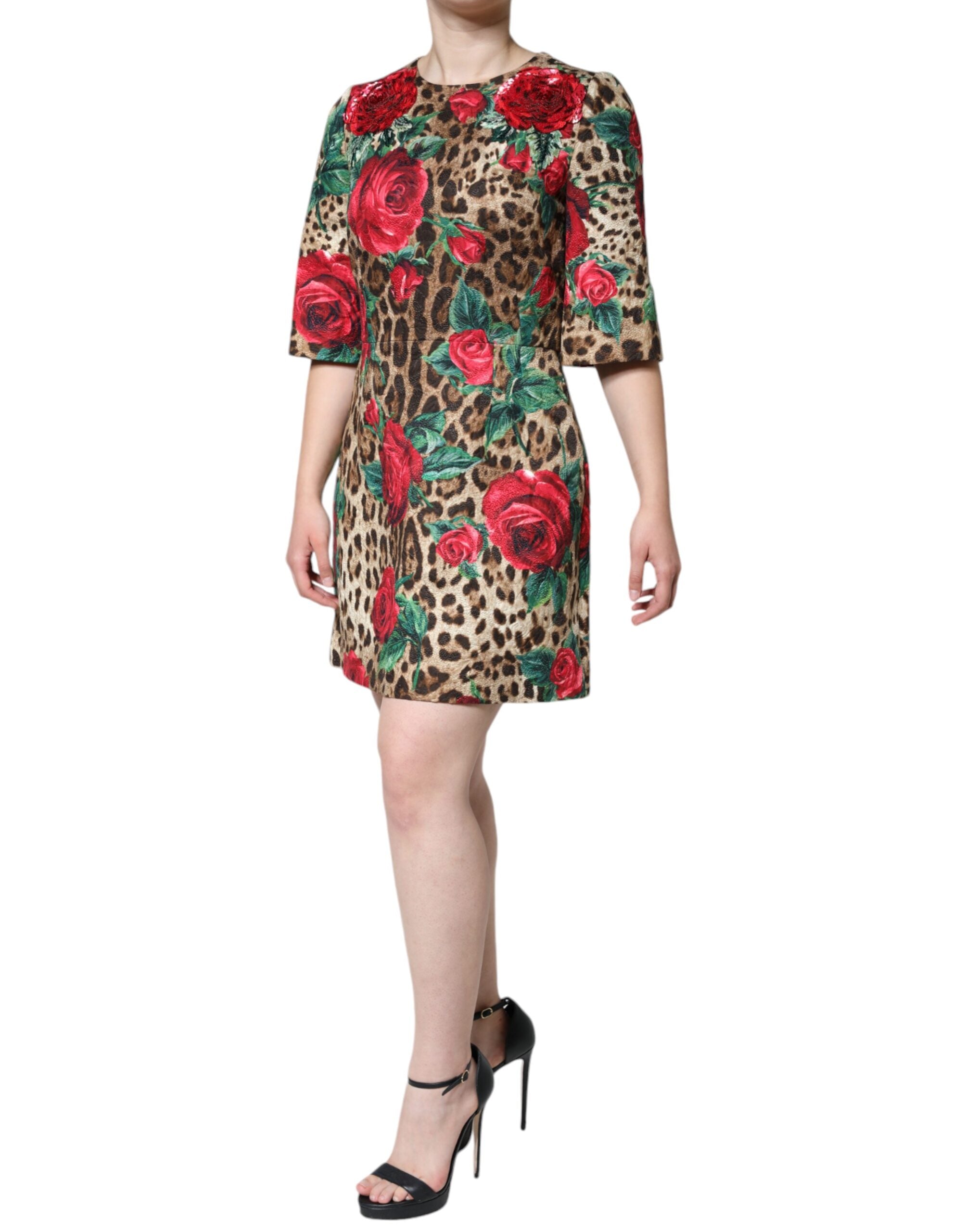 Dolce & Gabbana Brown Leopard Red Roses Cotton A-line Dress Dolce & Gabbana