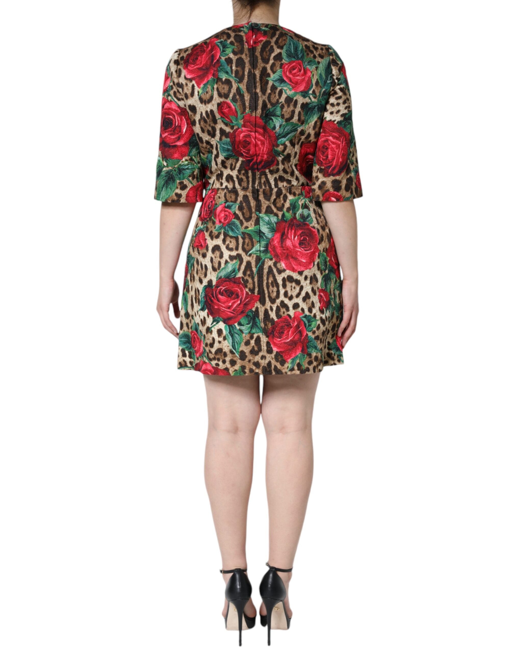 Dolce & Gabbana Brown Leopard Red Roses Cotton A-line Dress Dolce & Gabbana