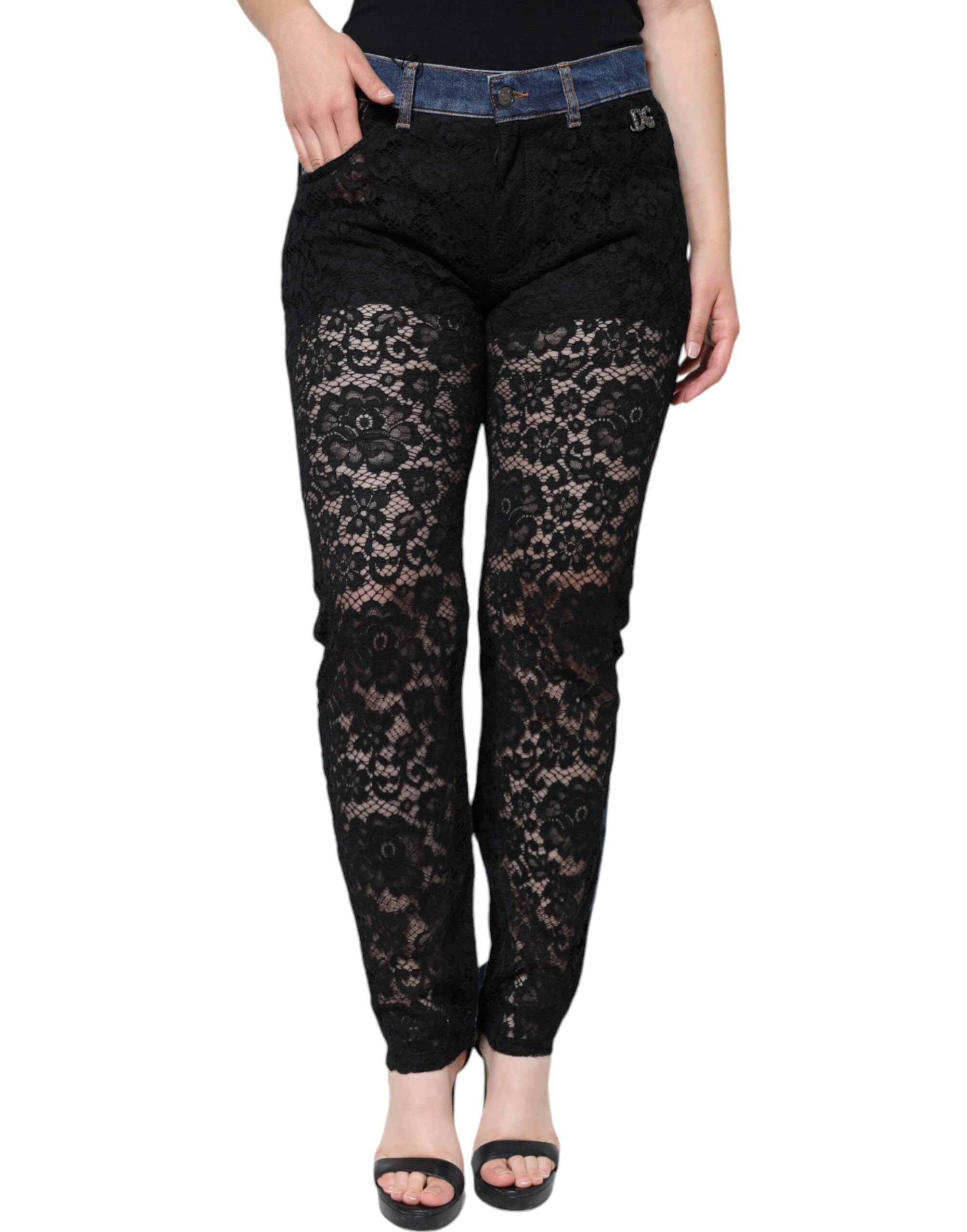 Dolce & Gabbana Black Floral Lace Front Skinny Denim Jeans Dolce & Gabbana