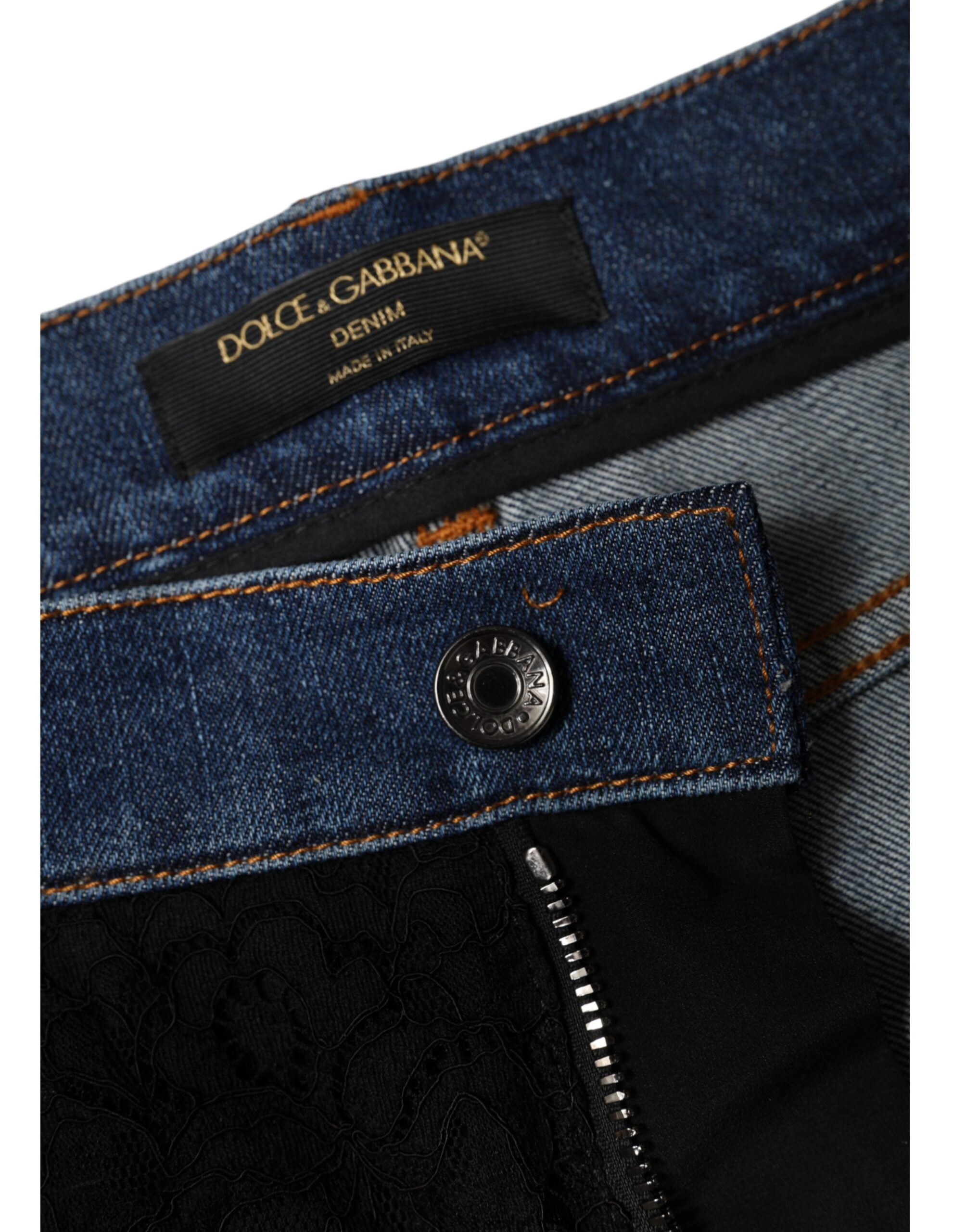 Dolce & Gabbana Black Floral Lace Front Skinny Denim Jeans Dolce & Gabbana