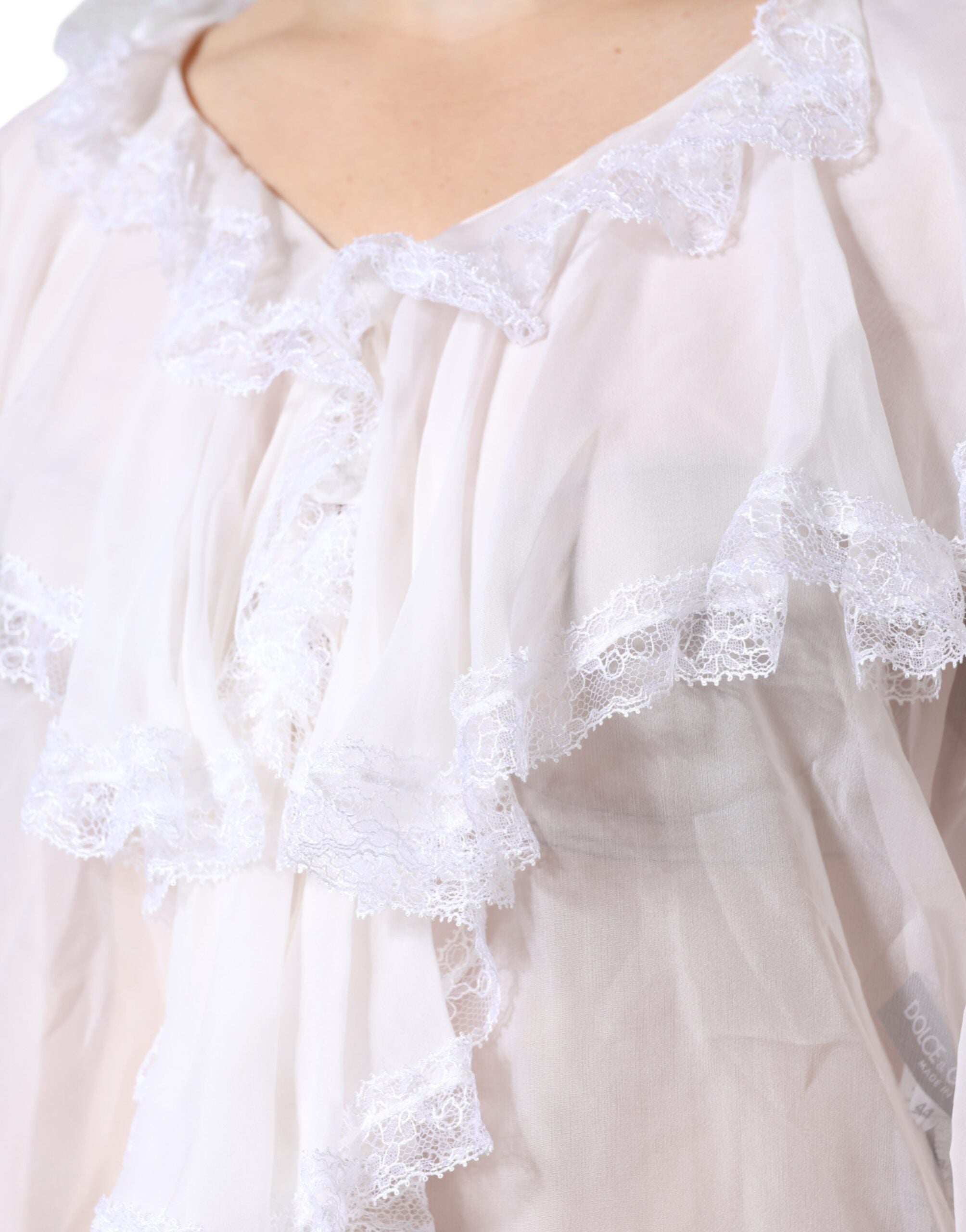 Dolce & Gabbana White Ruffles Lace Long Sleeve Blouse Top Dolce & Gabbana