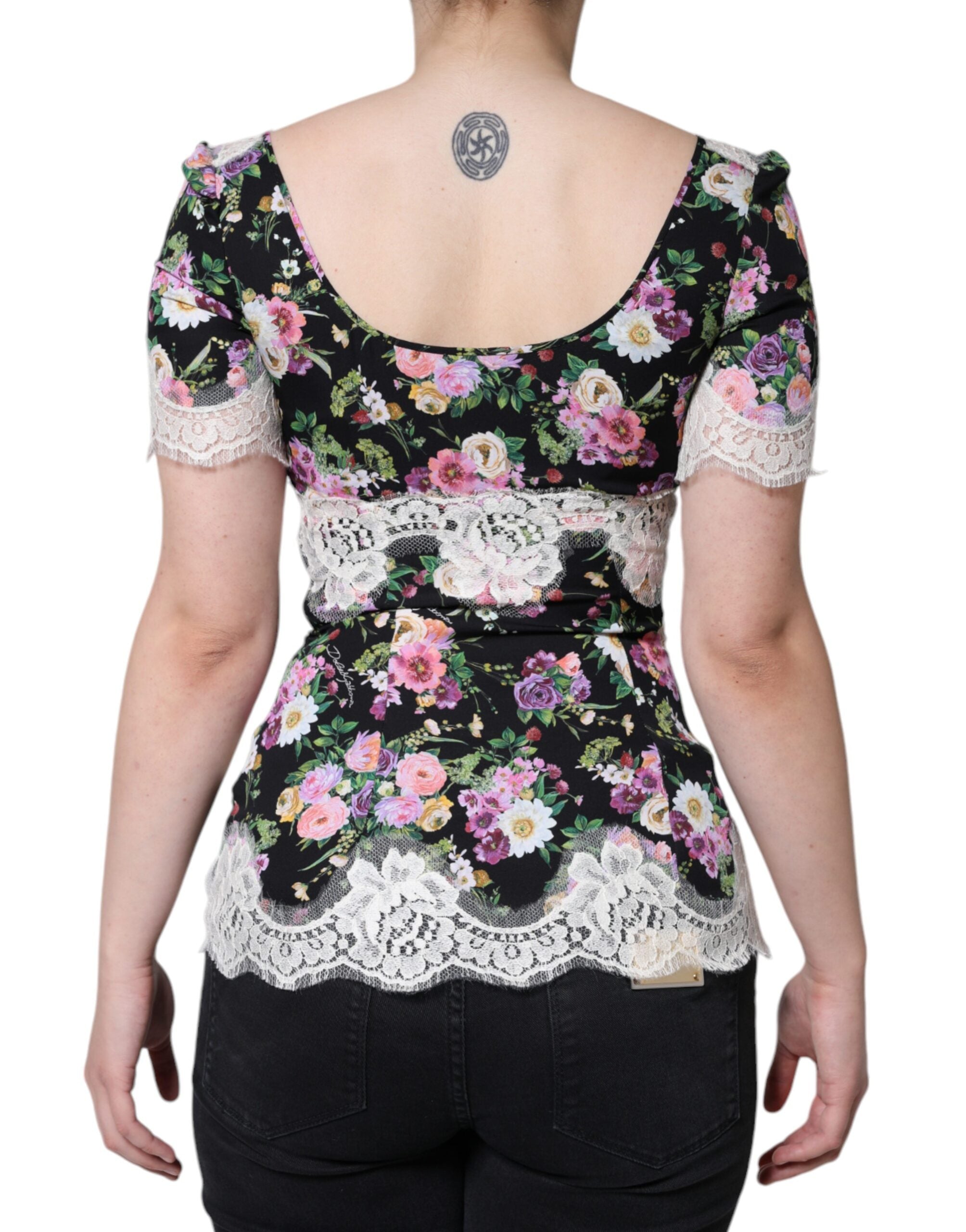 Dolce & Gabbana Black Floral Lace Short Sleeves Blouse Top Dolce & Gabbana