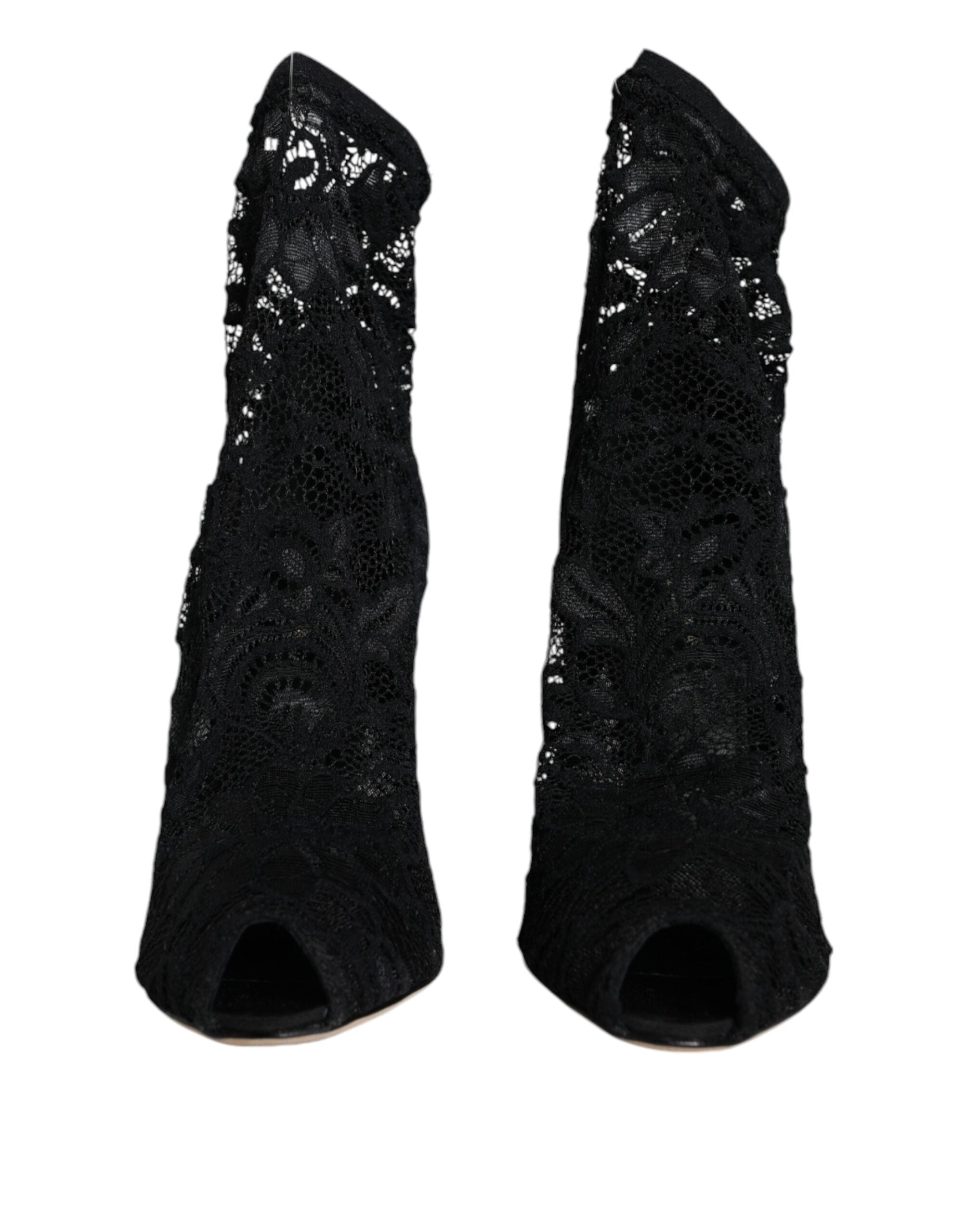 Dolce & Gabbana Black Lace Stretch Heels Mid Calf Boot Shoes Dolce & Gabbana
