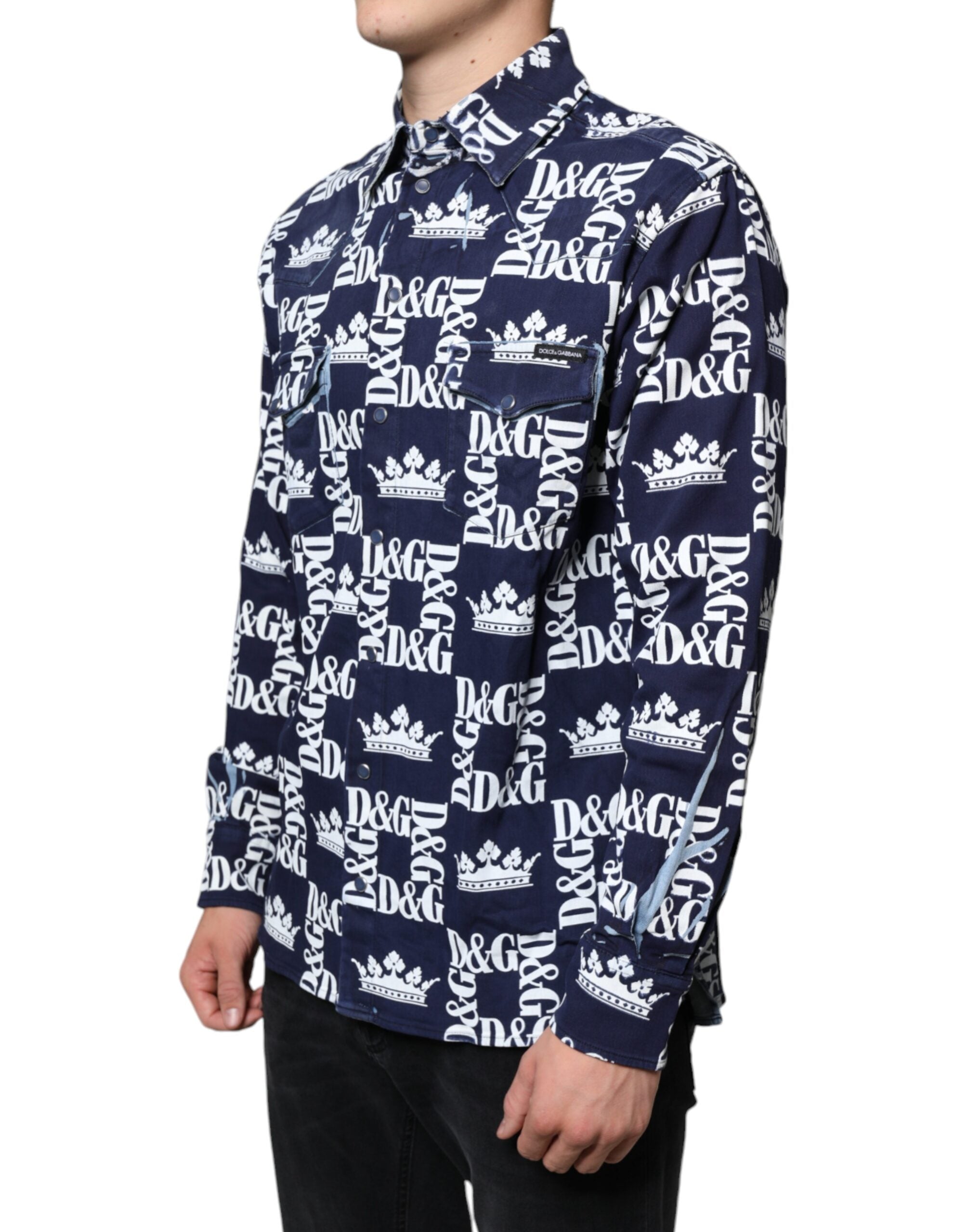 Dolce & Gabbana Blue Crown Logo Print Slim Fit Cotton Shirt Dolce & Gabbana