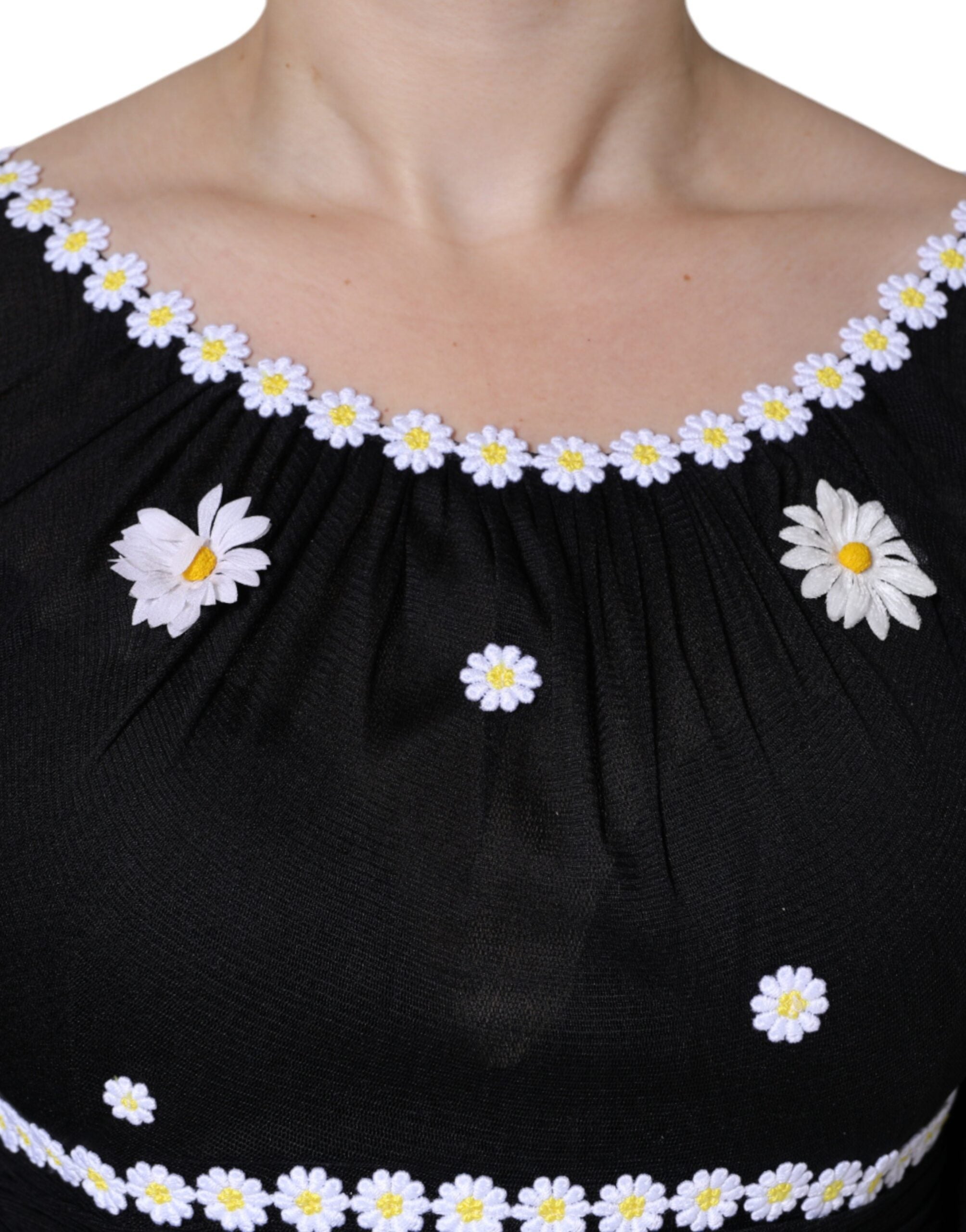 Dolce & Gabbana Black Silk Daisy A-line Long Maxi Dress Dolce & Gabbana