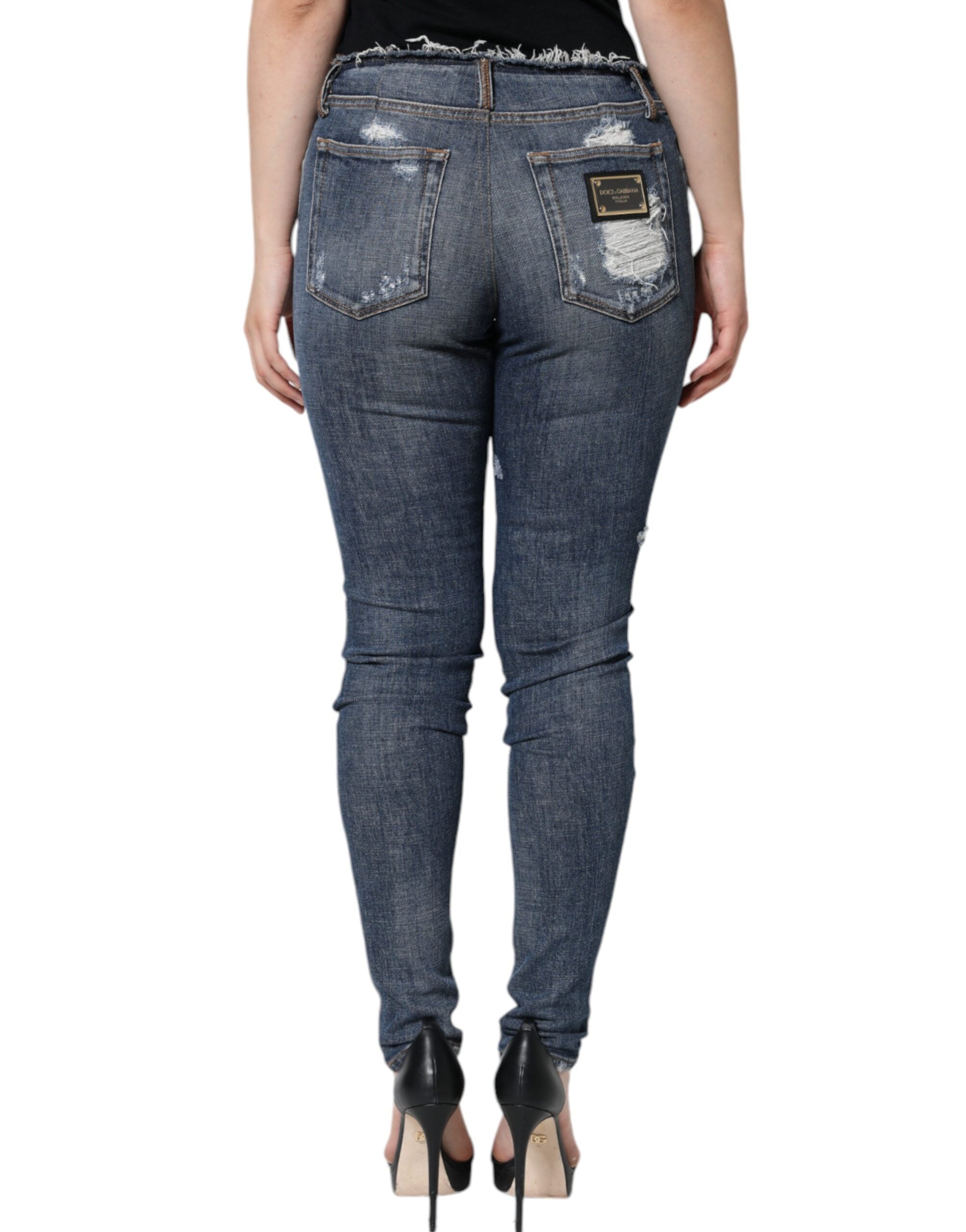 Dolce & Gabbana Blue Cotton Stretch Tattered Skinny Jeans Dolce & Gabbana