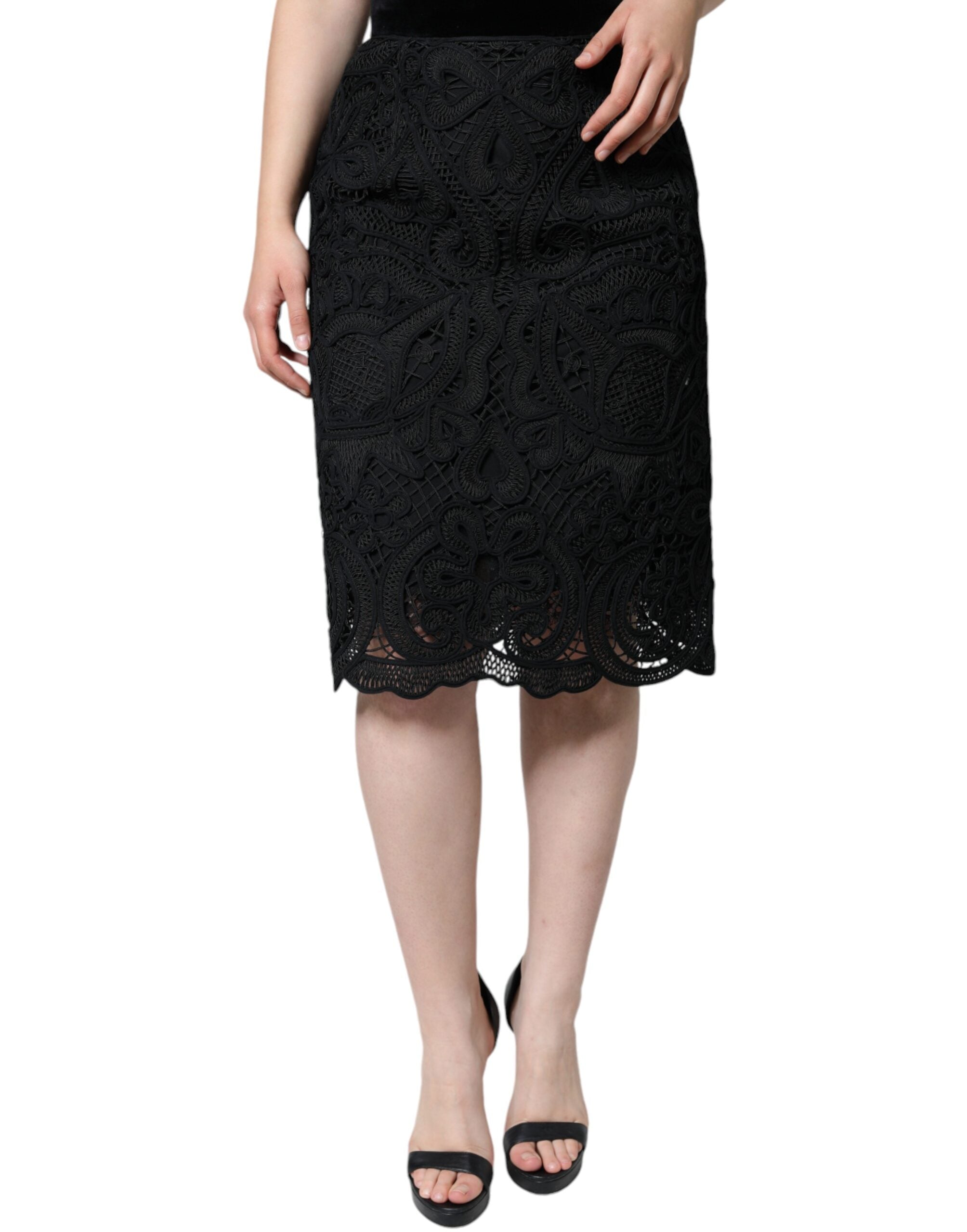 Dolce & Gabbana Black Floral Lace High Waist Pencil Cut Skirt Dolce & Gabbana