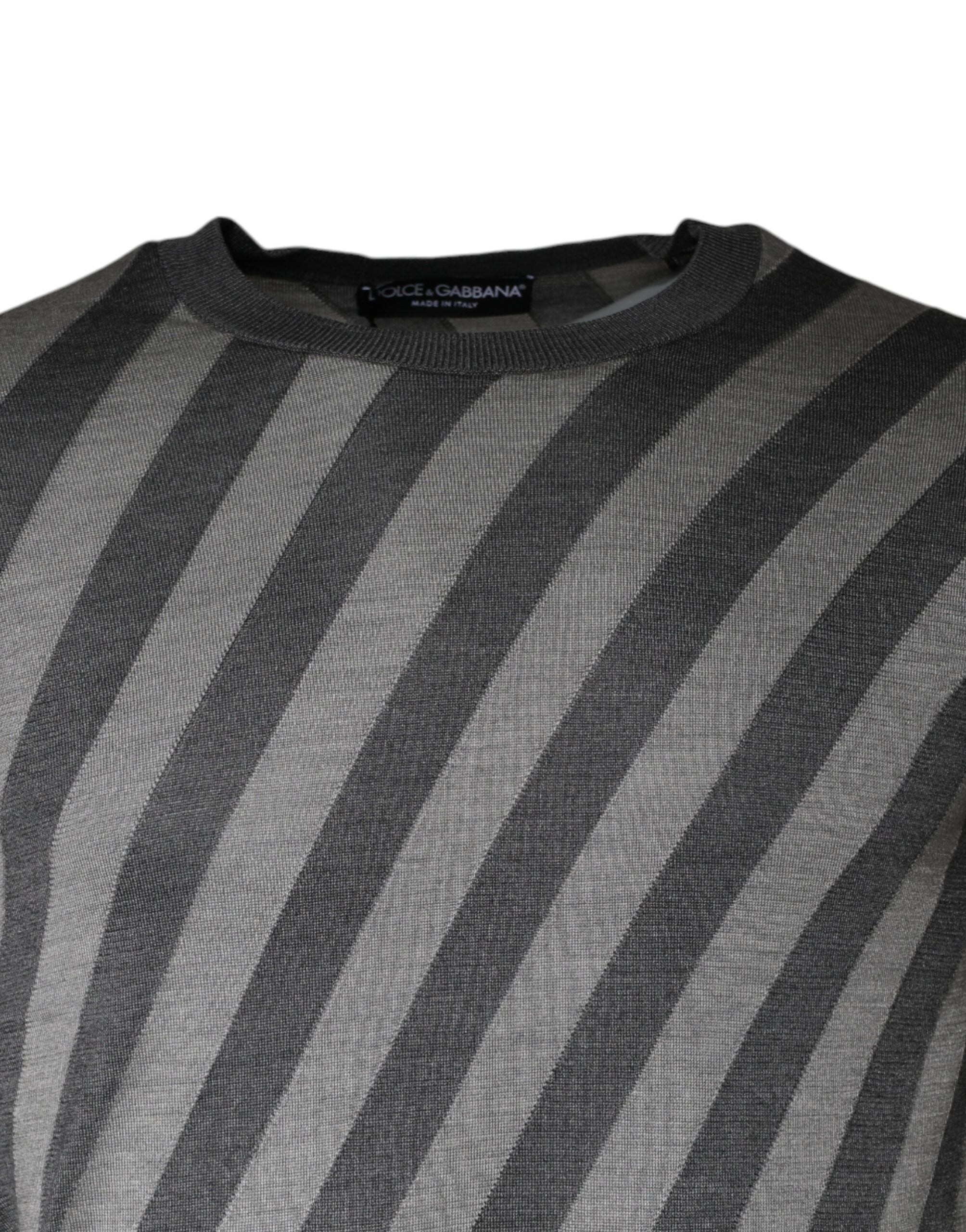 Dolce & Gabbana Gray Stripes Long Sleeve Round Neck Pullover Sweater Dolce & Gabbana