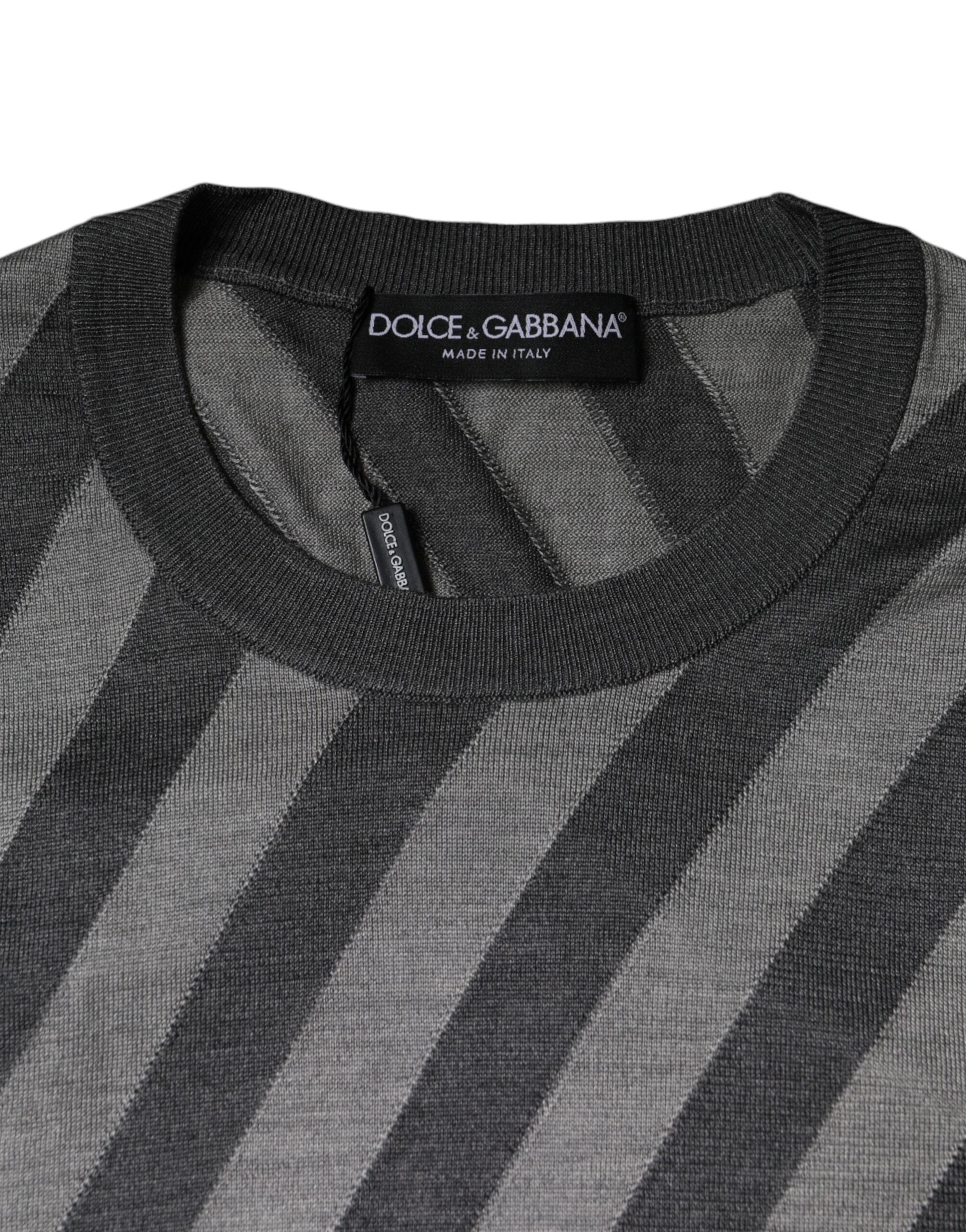 Dolce & Gabbana Gray Stripes Long Sleeve Round Neck Pullover Sweater Dolce & Gabbana
