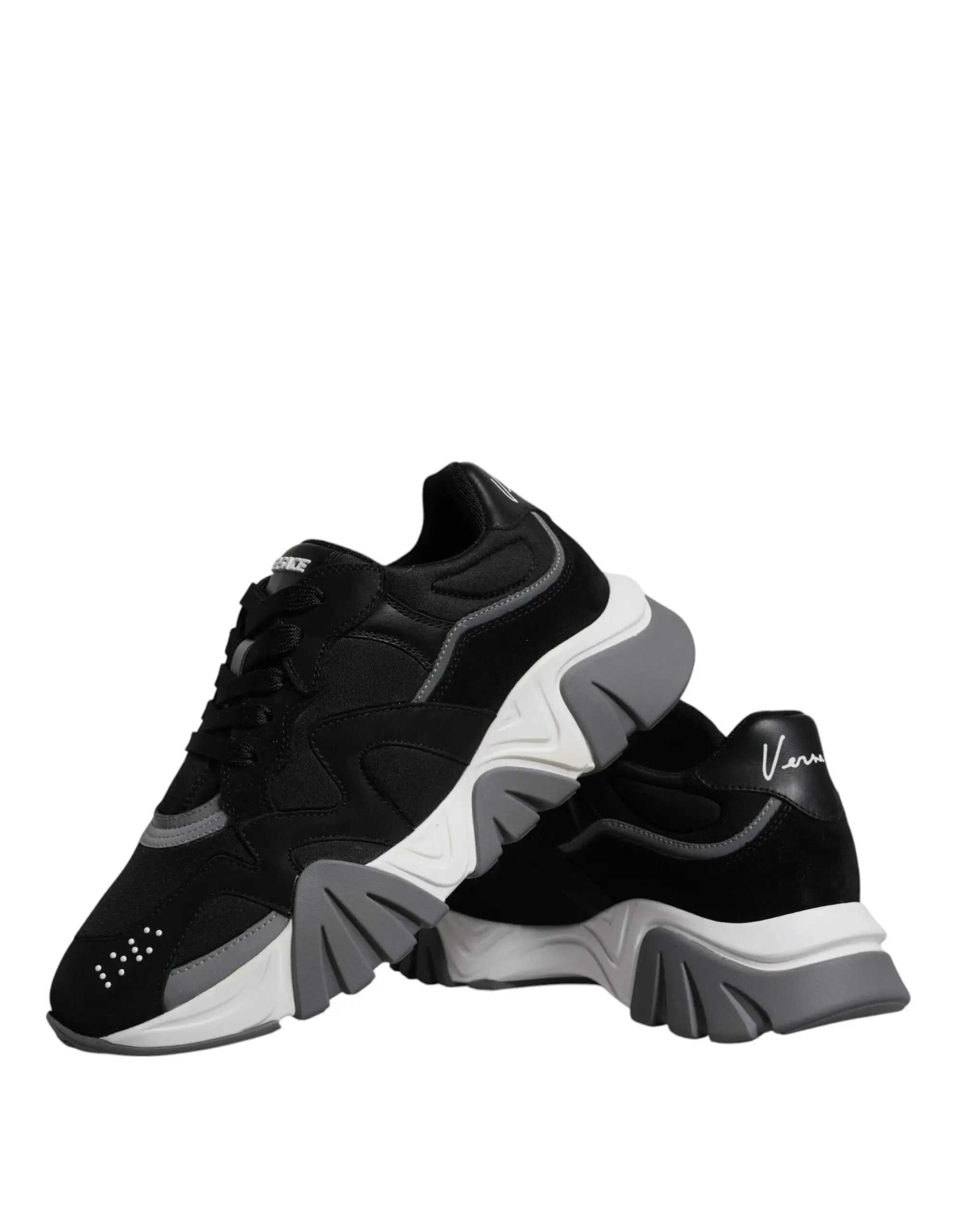Versace Black Leather Neoprene Chunky Low Top Sneakers Squalo Shoes Versace