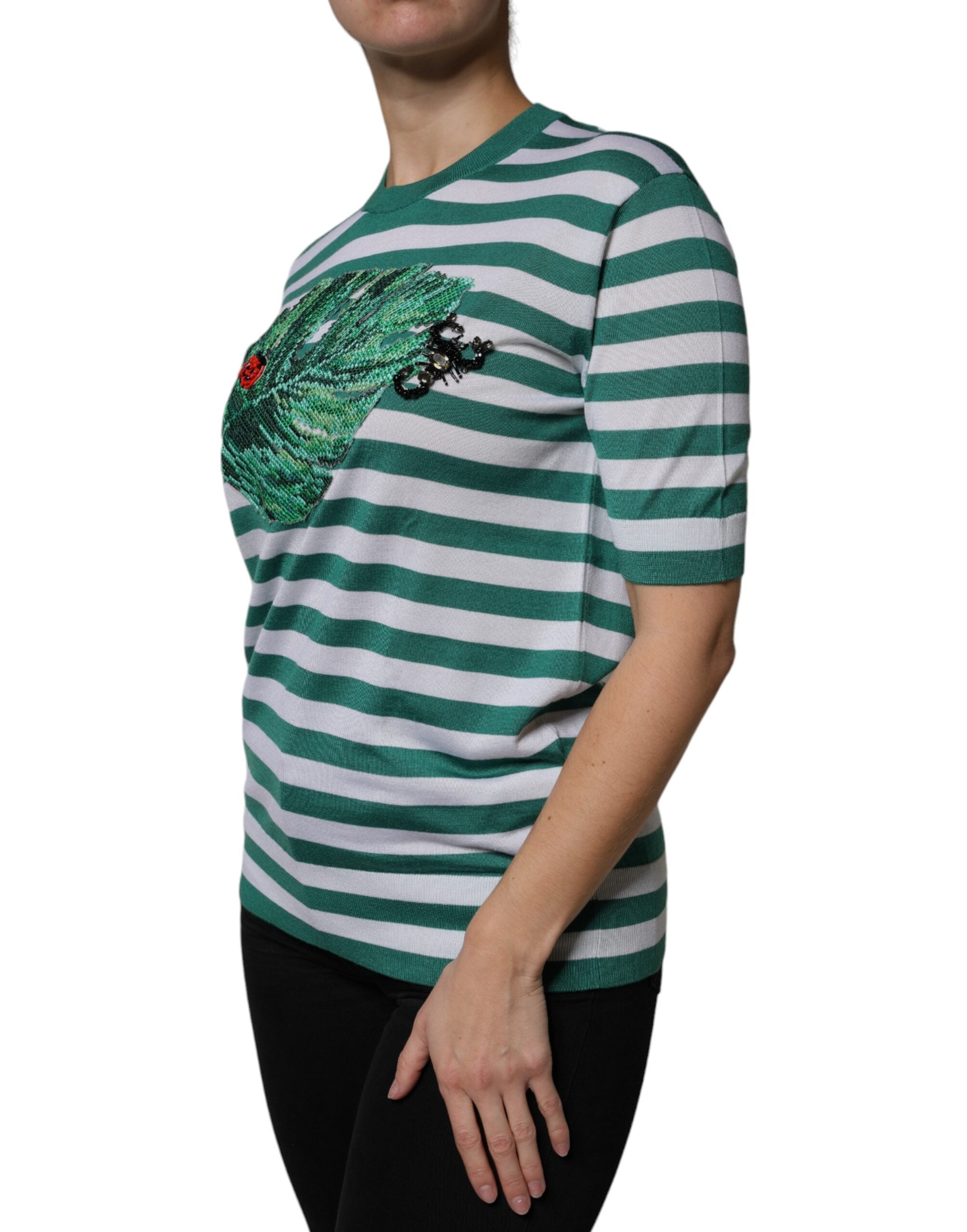 Dolce & Gabbana White Green Stripe Leaf Crew Neck T-shirt Dolce & Gabbana
