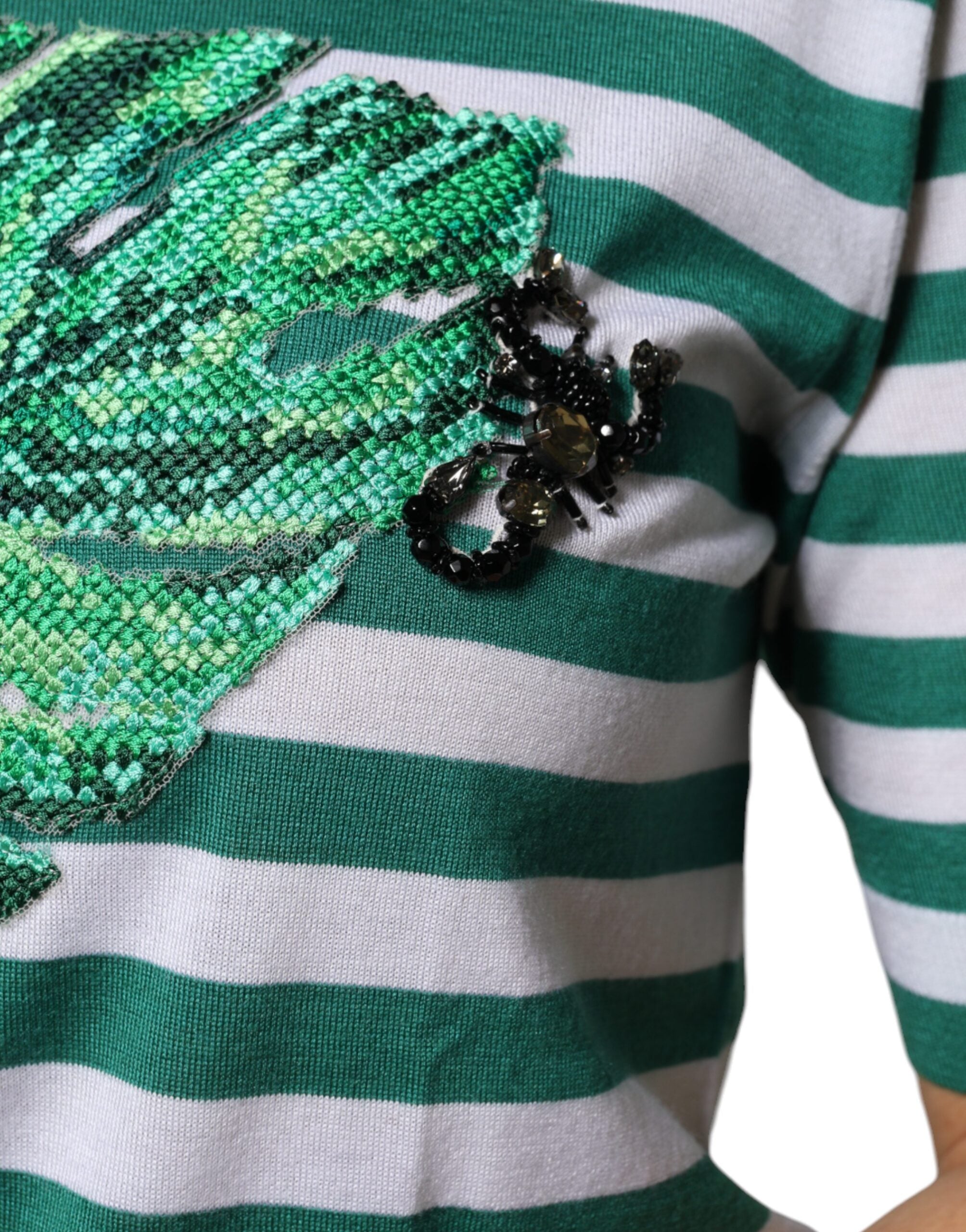 Dolce & Gabbana White Green Stripe Leaf Crew Neck T-shirt Dolce & Gabbana