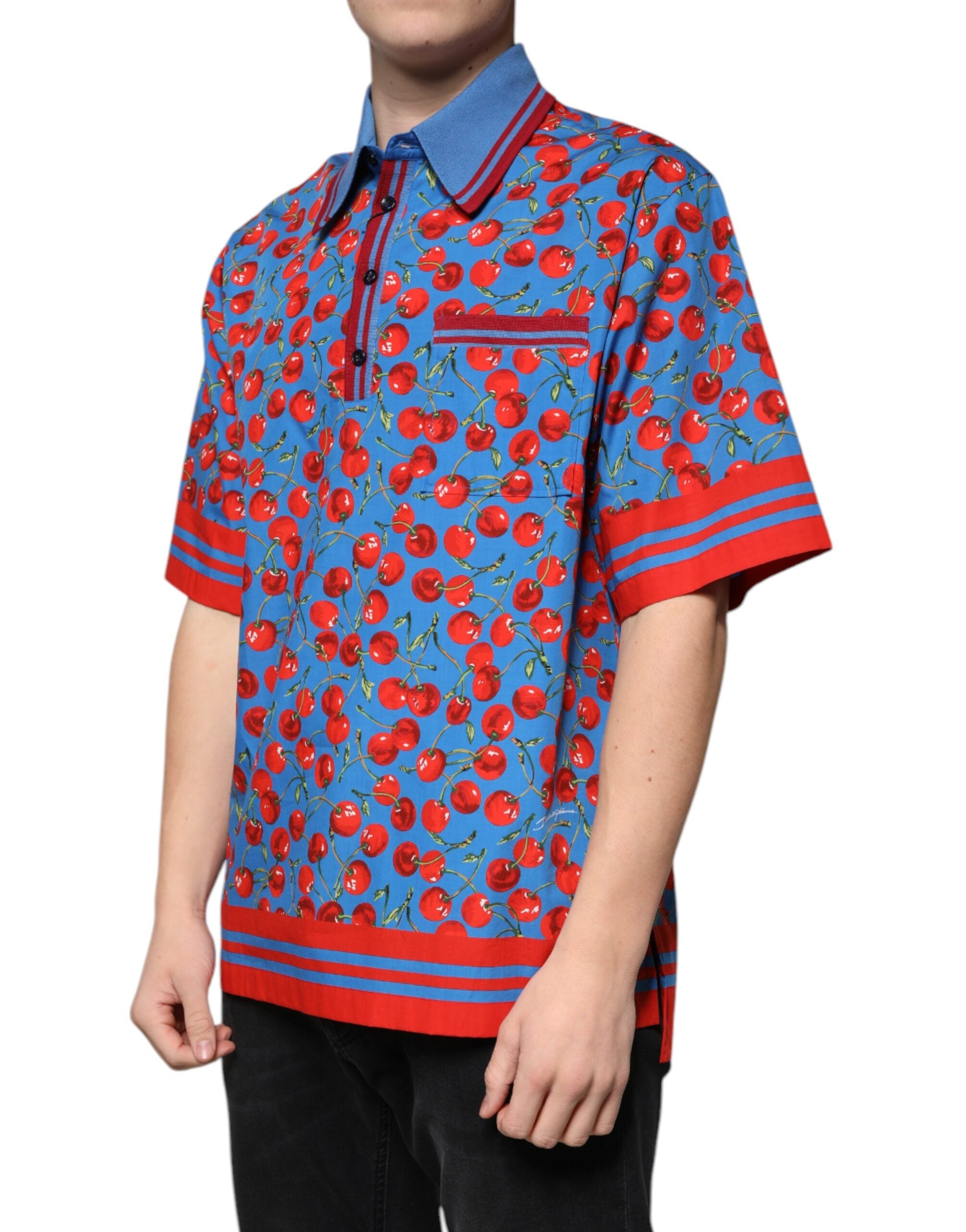 Dolce & Gabbana Blue Cherry Cotton Collared Men Polo T-shirt Dolce & Gabbana