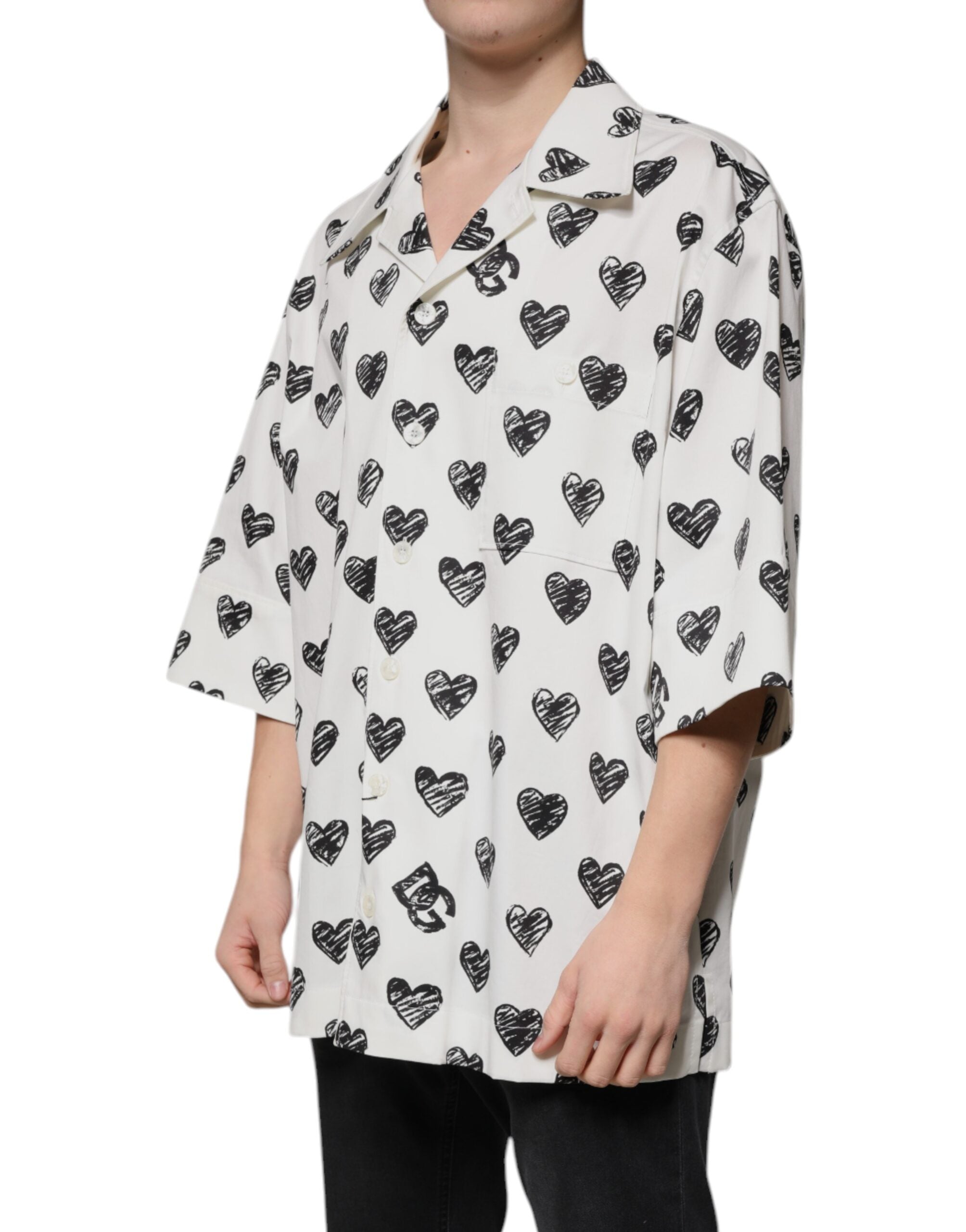 Dolce & Gabbana White Heart Print Short Sleeve Casual Shirt Dolce & Gabbana