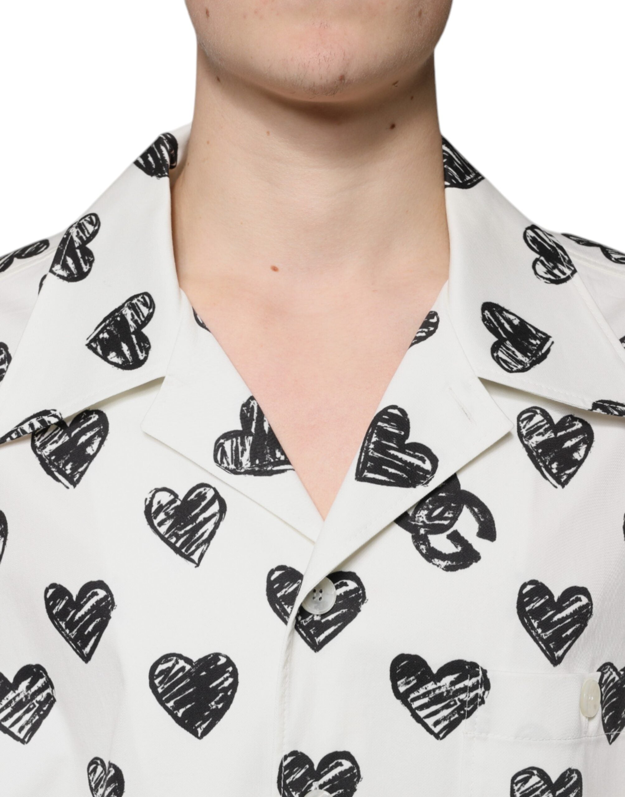 Dolce & Gabbana White Heart Print Short Sleeve Casual Shirt Dolce & Gabbana