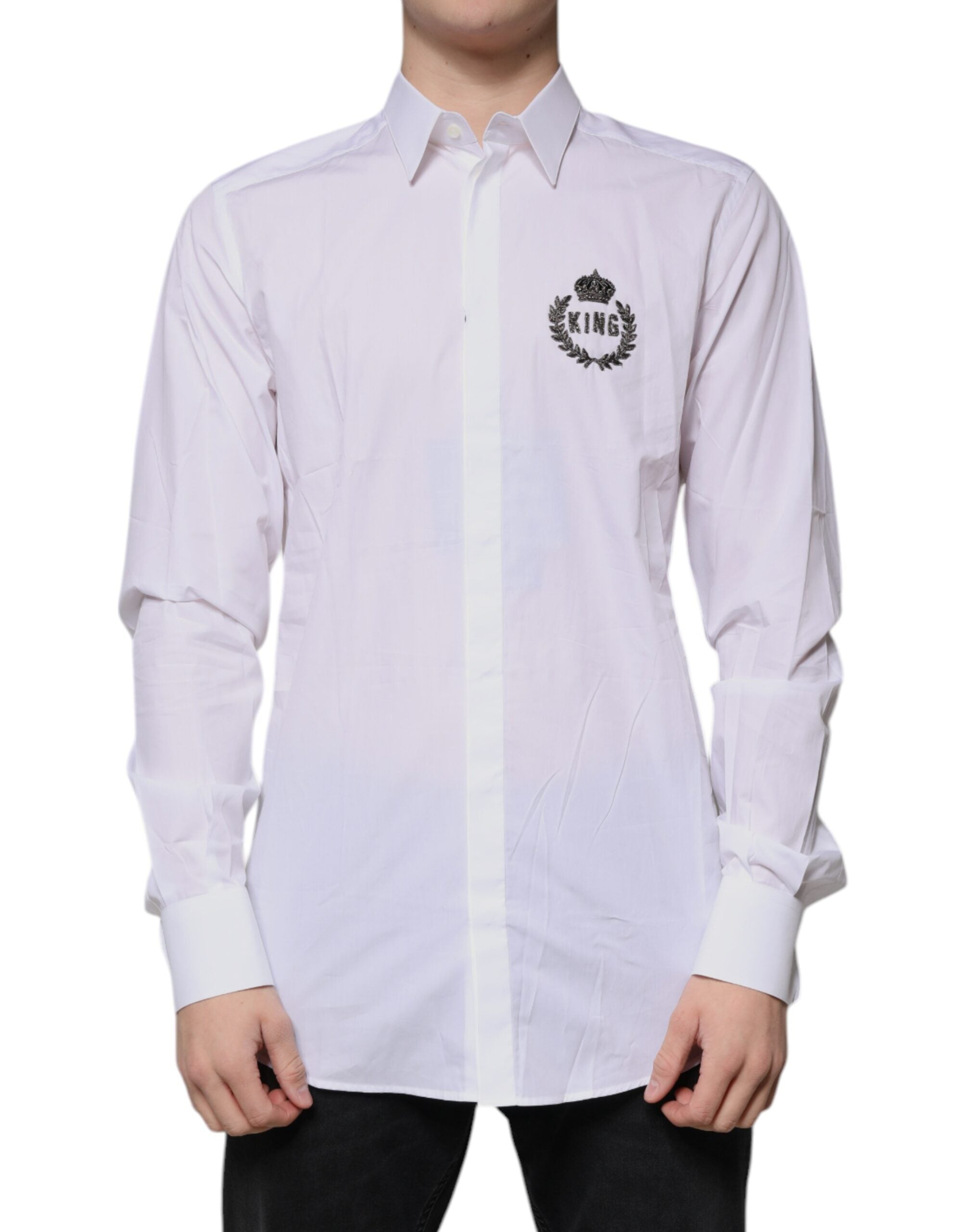 Dolce & Gabbana White Cotton Logo Formal Men GOLD Dress Shirt Dolce & Gabbana
