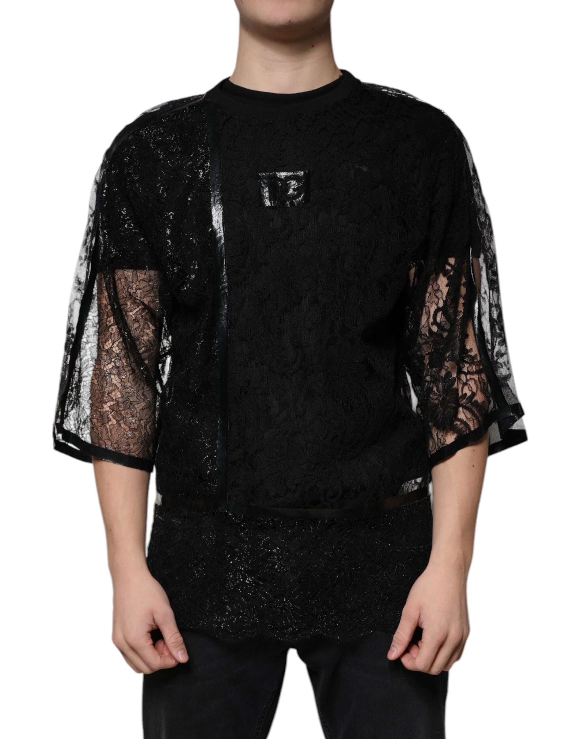 Dolce & Gabbana Black Nylon Floral Lace Crew Neck T-shirt Dolce & Gabbana