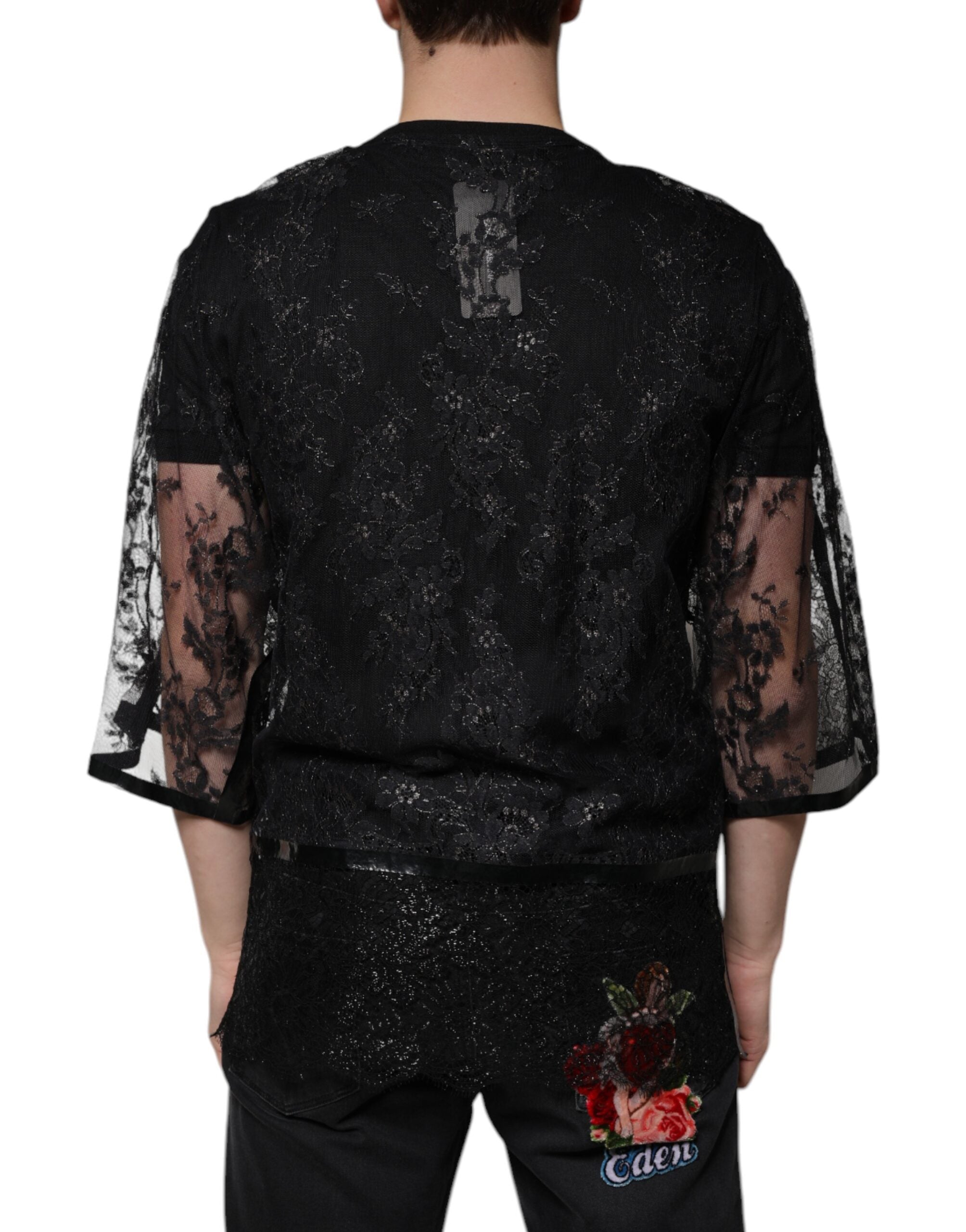 Dolce & Gabbana Black Nylon Floral Lace Crew Neck T-shirt Dolce & Gabbana