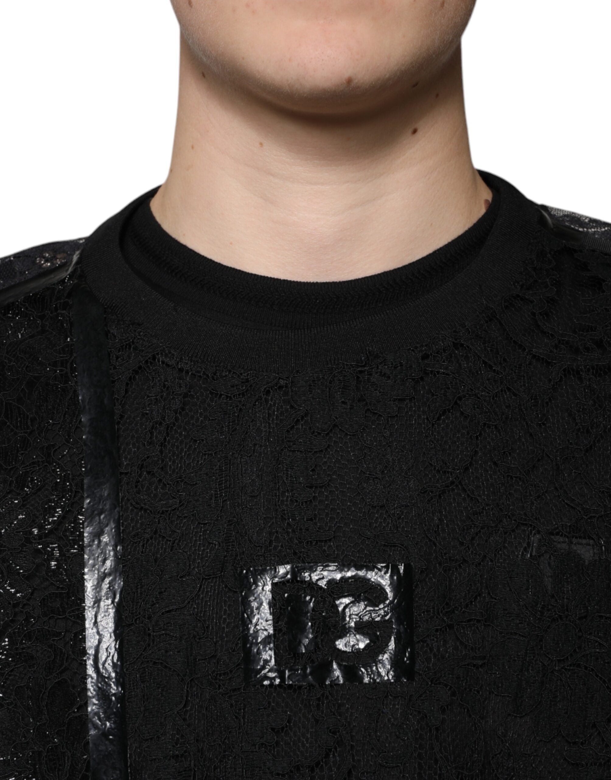 Dolce & Gabbana Black Nylon Floral Lace Crew Neck T-shirt Dolce & Gabbana