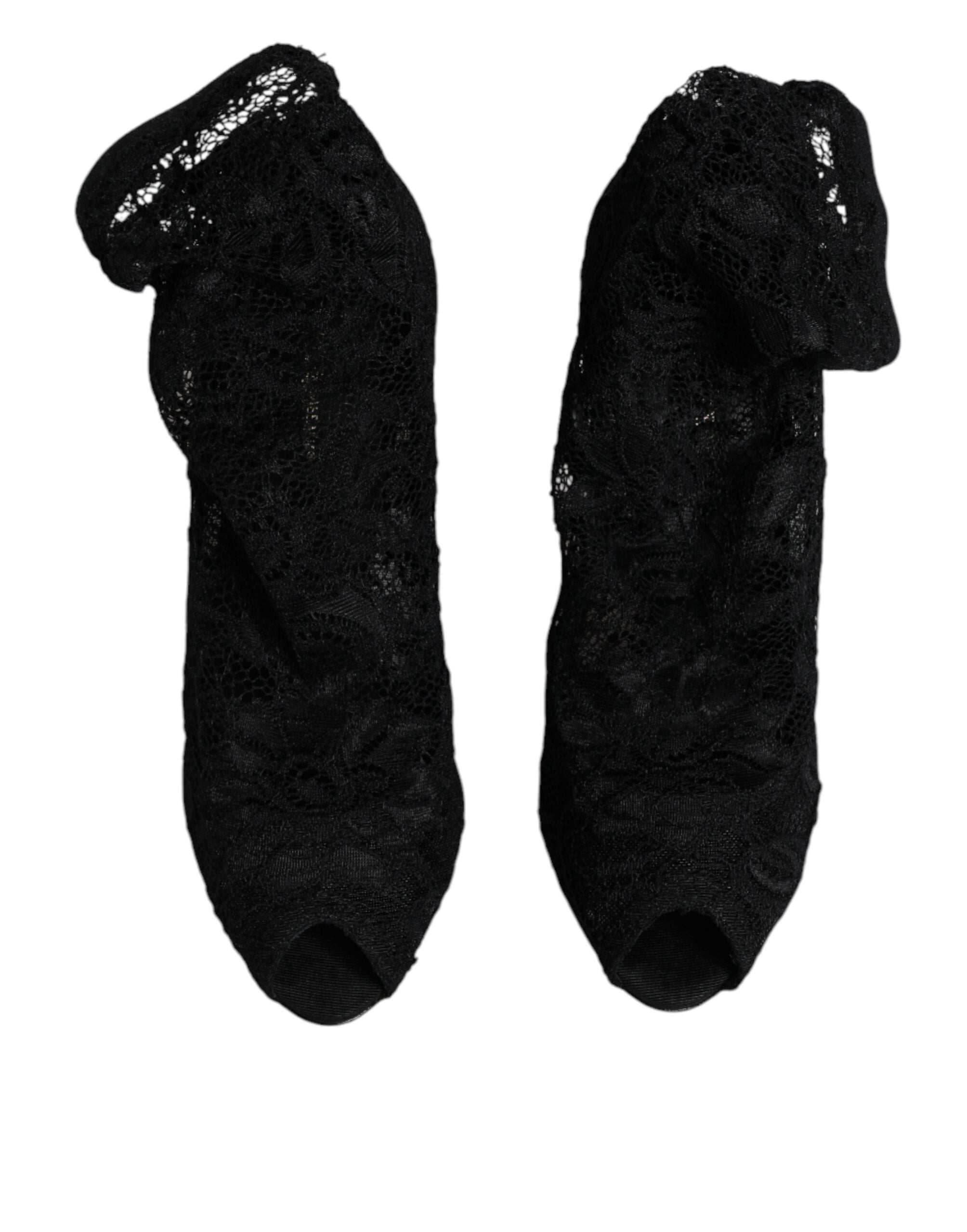 Dolce & Gabbana Black Lace Stretch Heels Mid Calf Boots Shoes Dolce & Gabbana