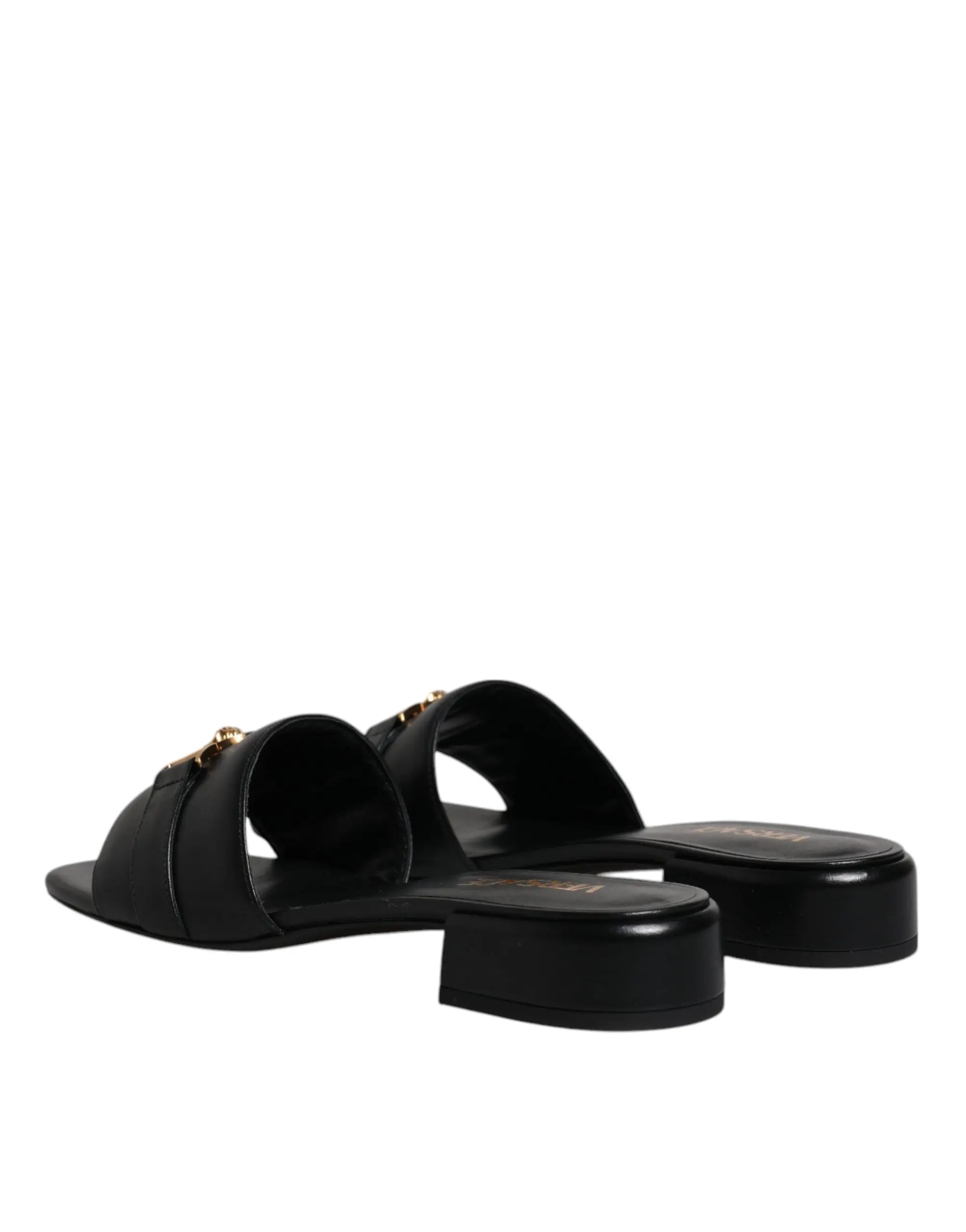 Versace Black Leather Logo Plaque Slip On Slides Flats Shoes Versace