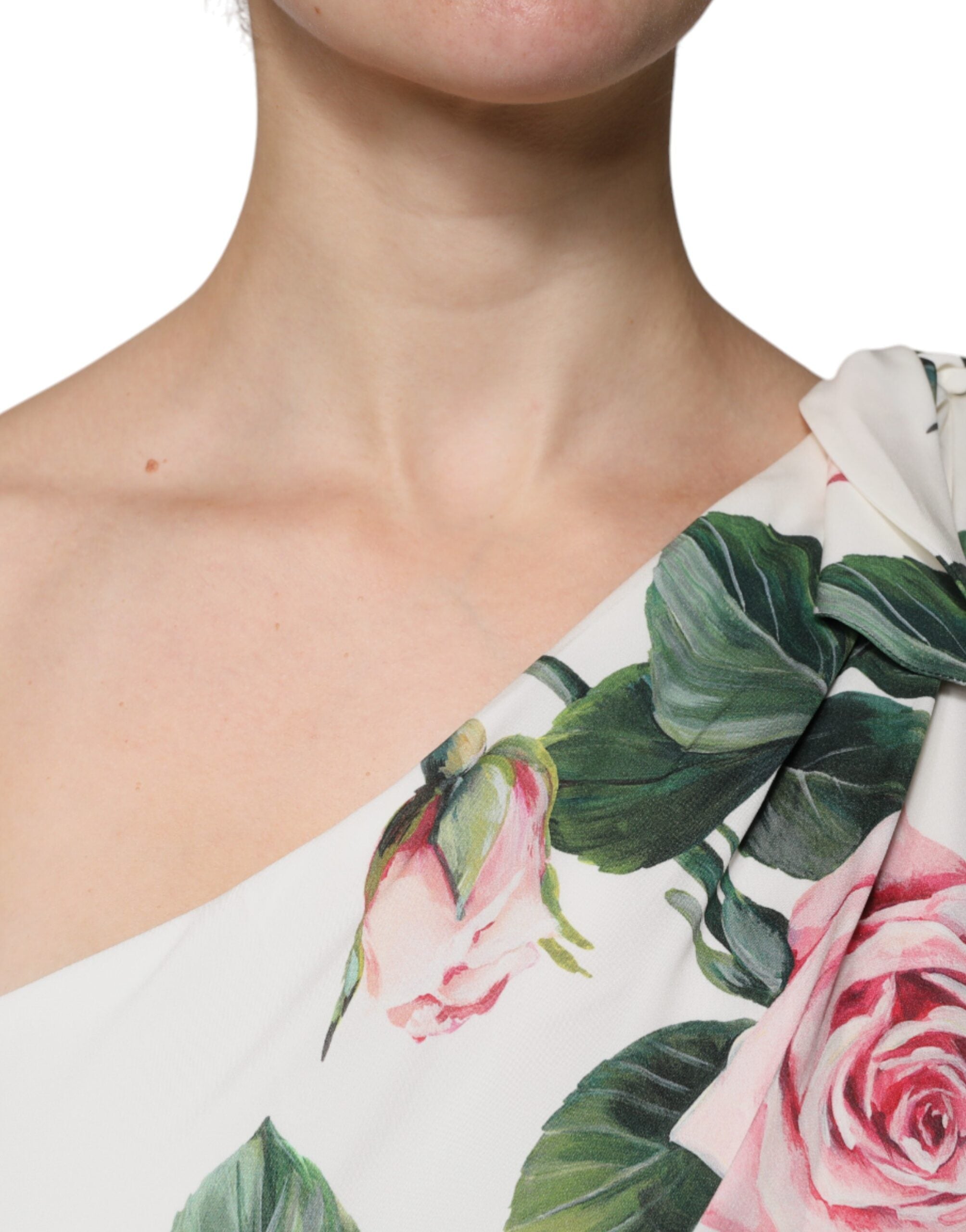 Dolce & Gabbana White Floral Silk One Shoulder Midi Dress Dolce & Gabbana