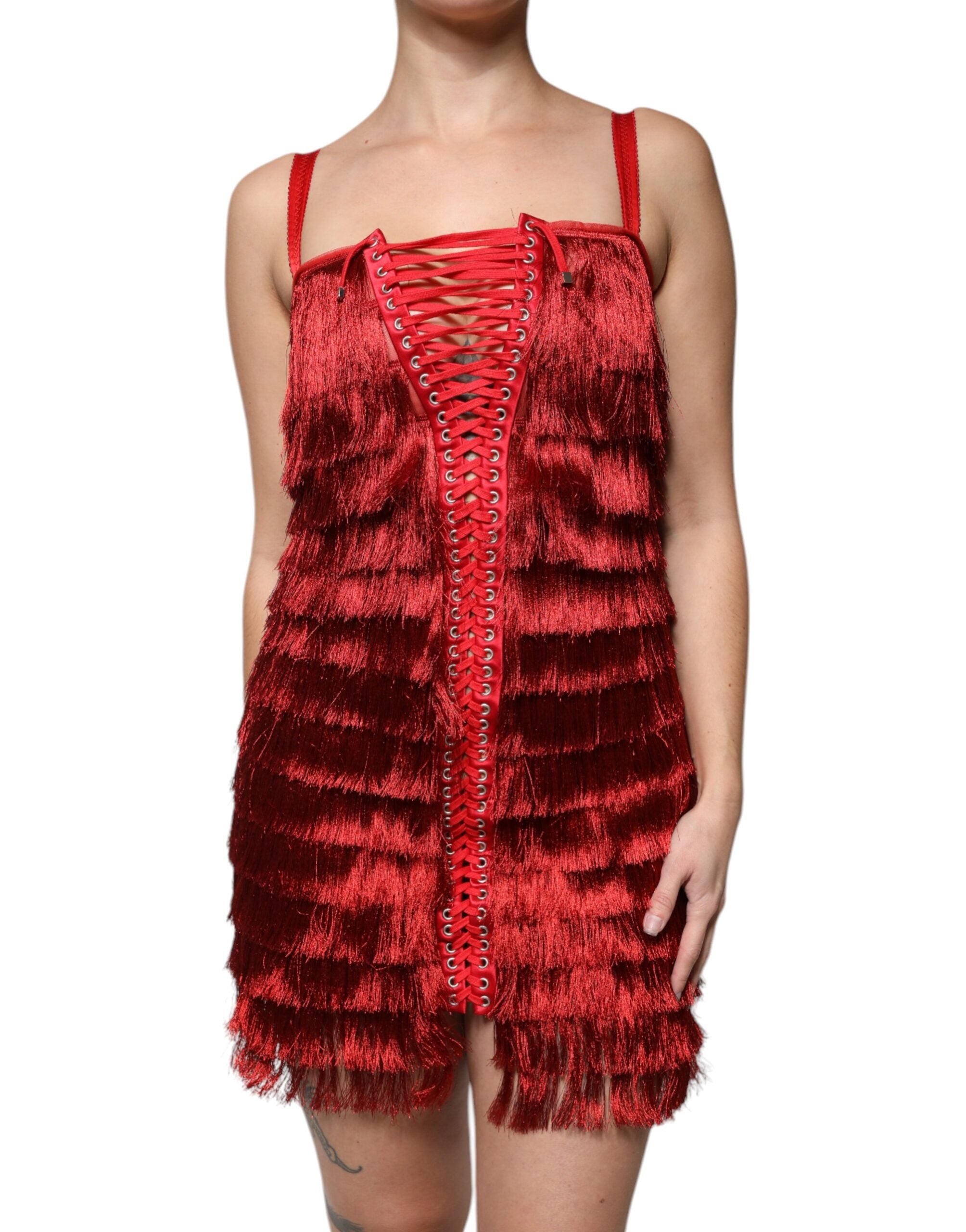 Dolce & Gabbana Red Lace Tassel Sleeveless Sheath Mini Dress Dolce & Gabbana