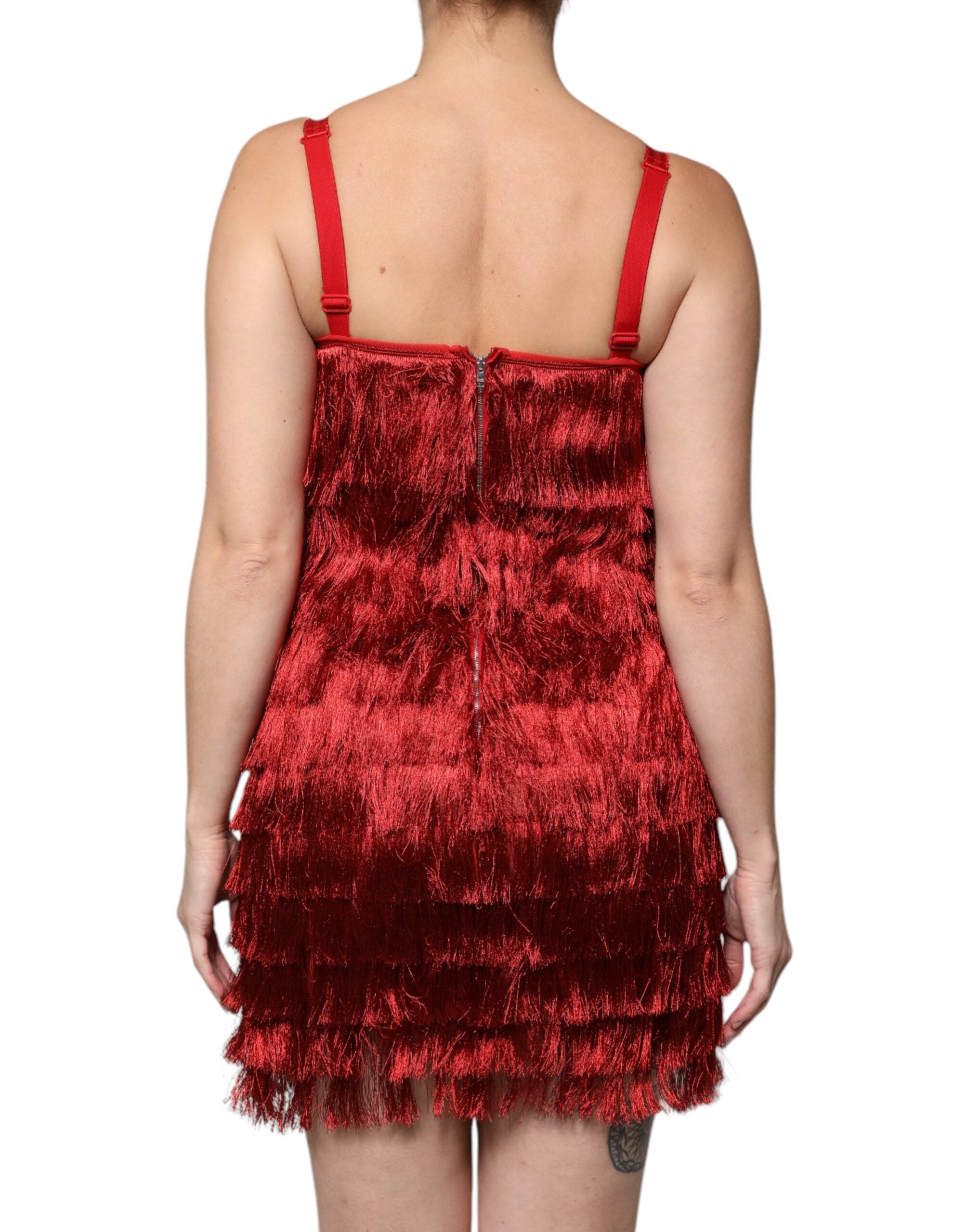 Dolce & Gabbana Red Lace Tassel Sleeveless Sheath Mini Dress Dolce & Gabbana