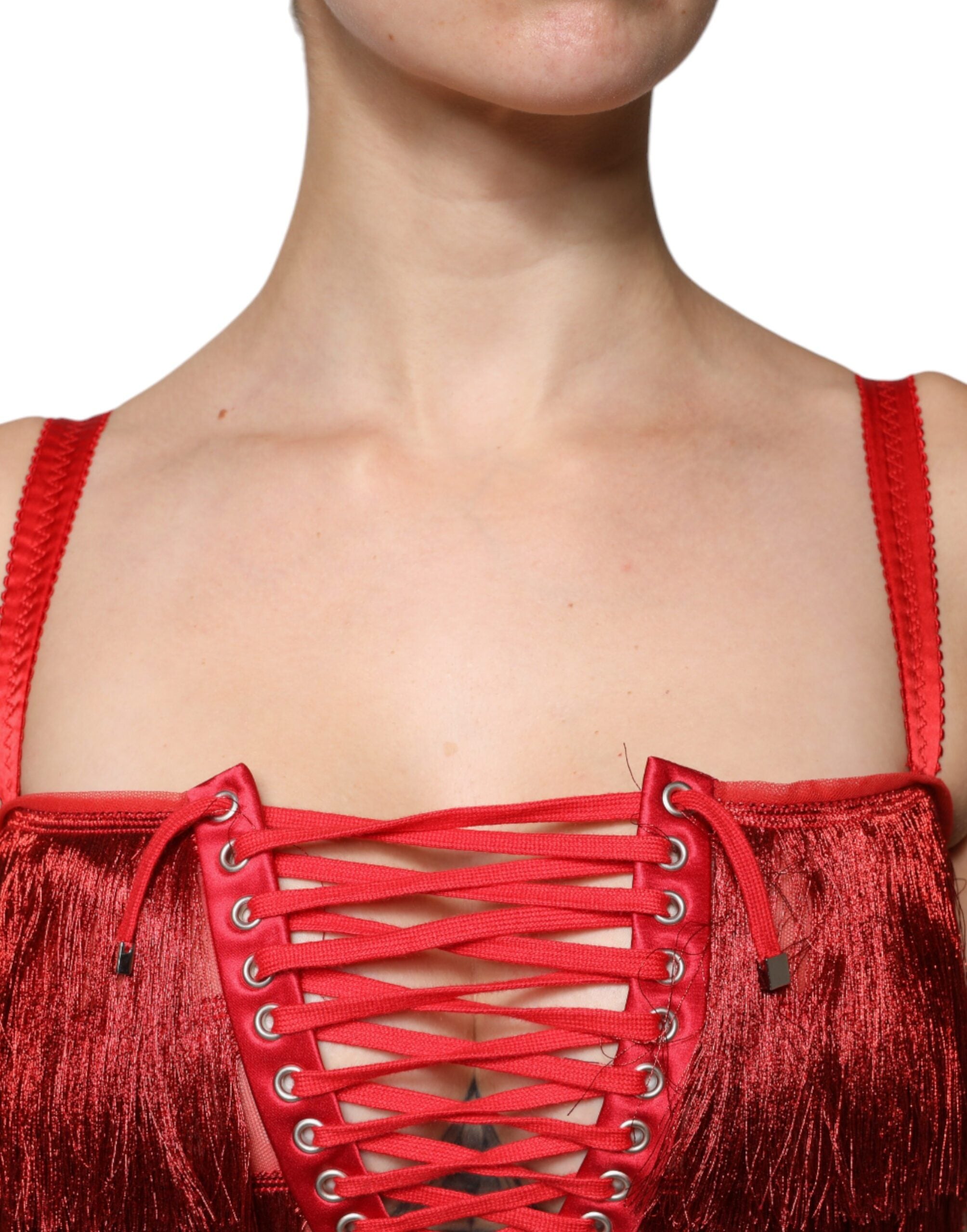 Dolce & Gabbana Red Lace Tassel Sleeveless Sheath Mini Dress Dolce & Gabbana
