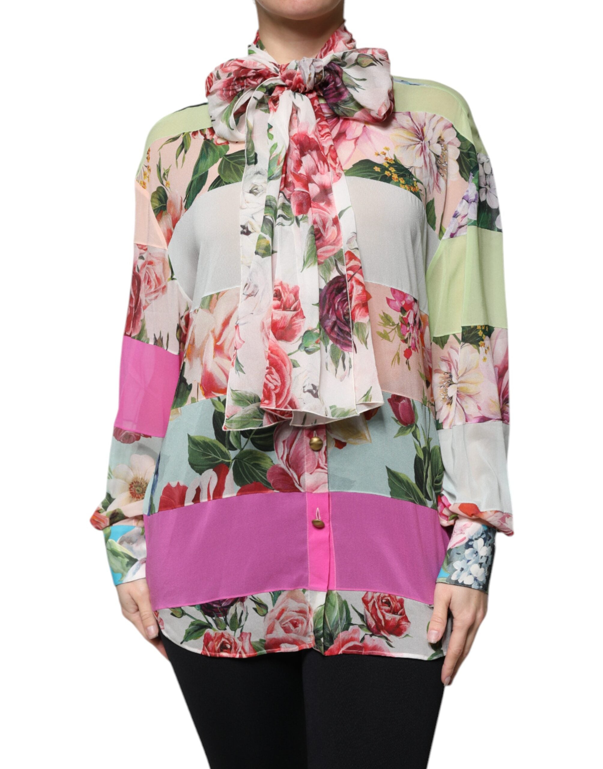 Dolce & Gabbana Multicolor Floral Patchwork Ascot Collar Top Dolce & Gabbana
