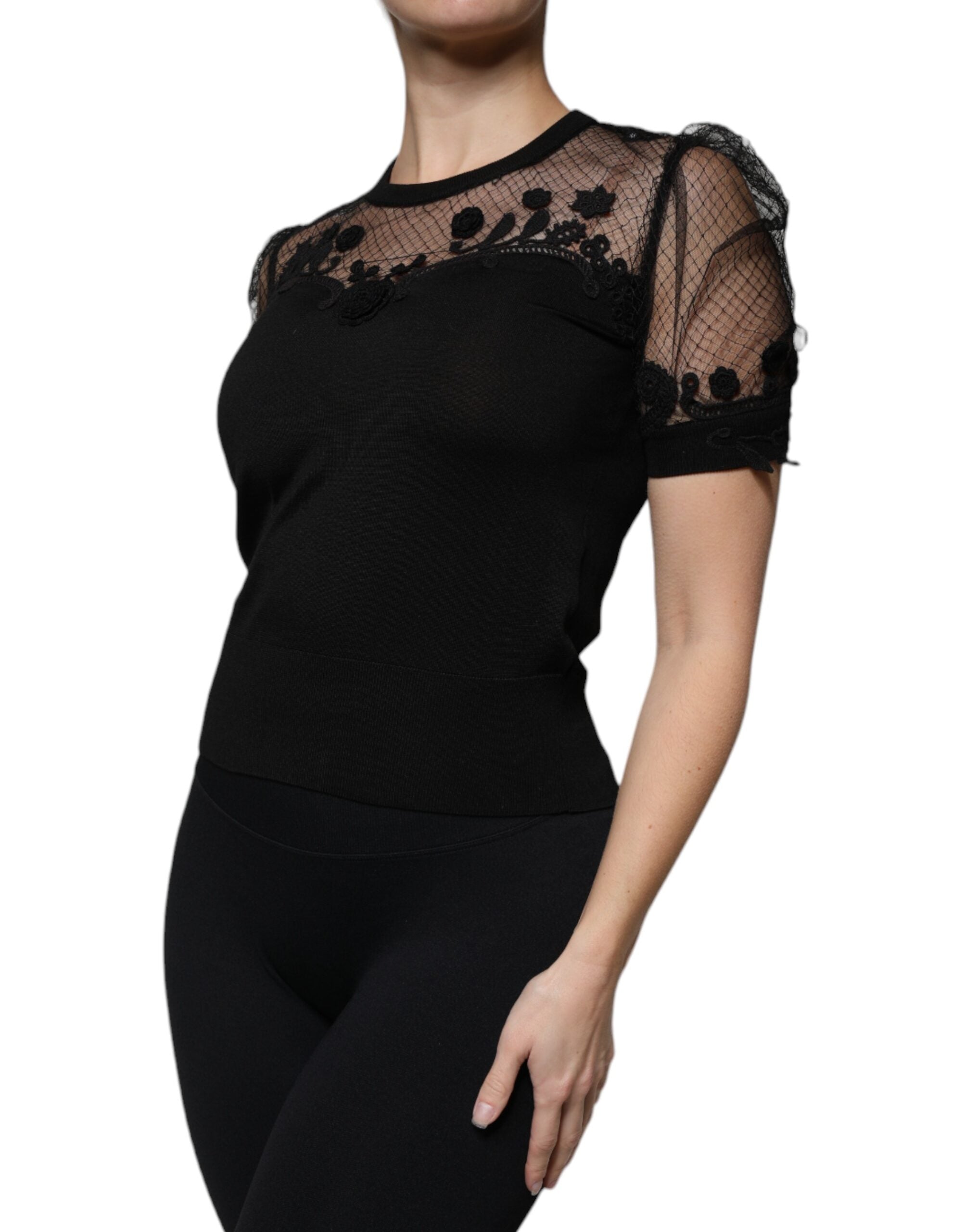 Dolce & Gabbana Black Floral Lace Short Sleeves Blouse Top Dolce & Gabbana