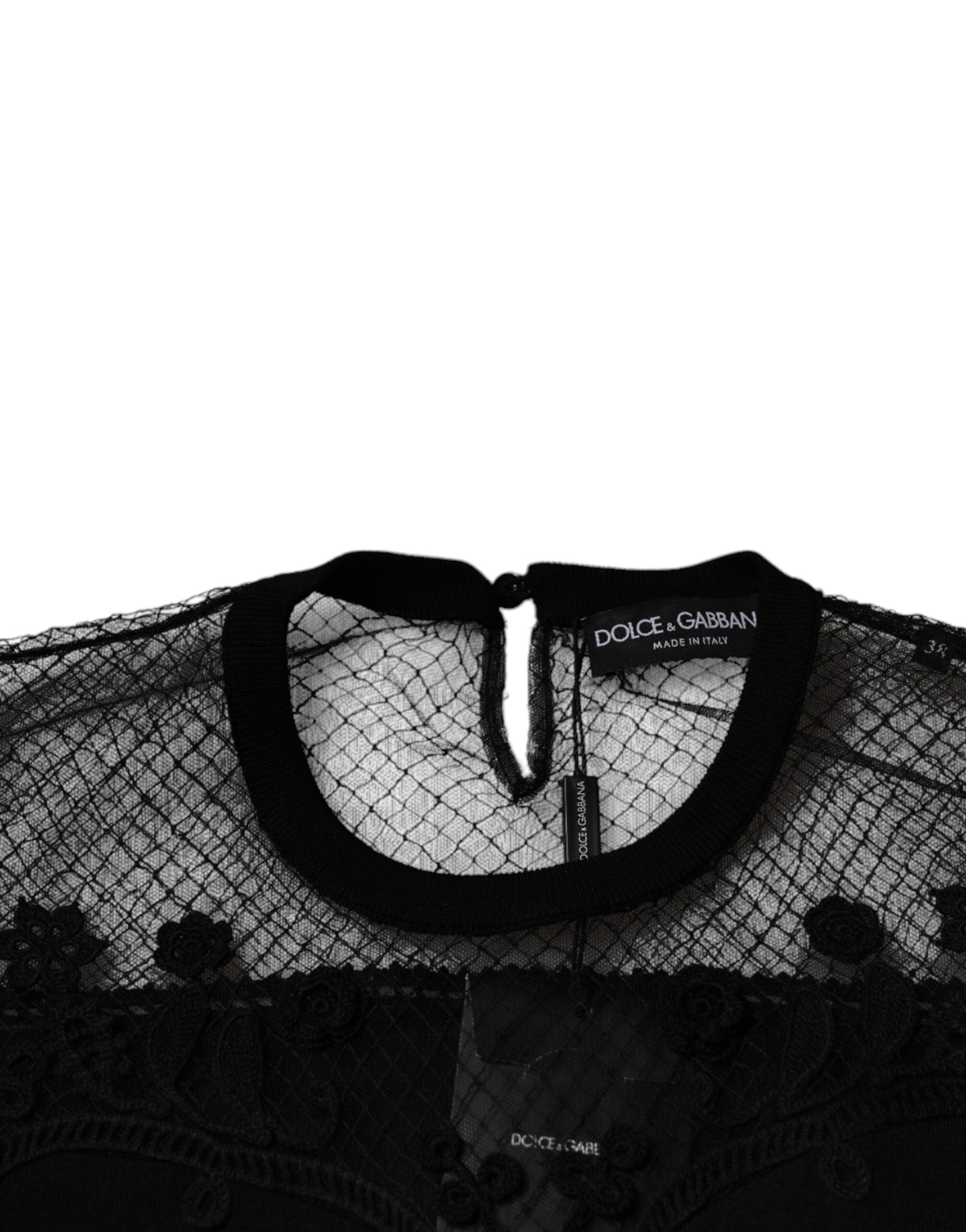 Dolce & Gabbana Black Floral Lace Short Sleeves Blouse Top Dolce & Gabbana