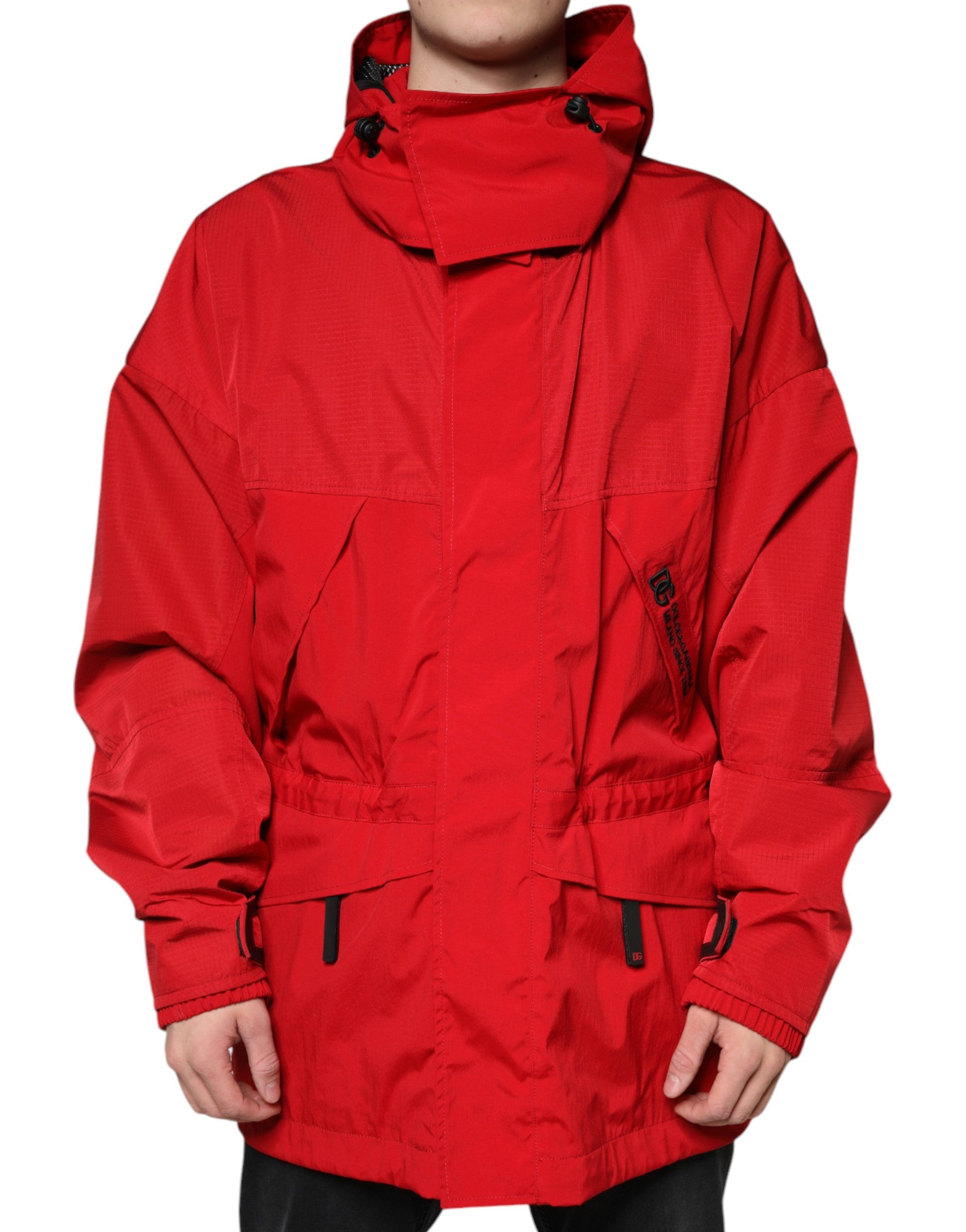 Dolce & Gabbana Red Nylon Hooded Men Full Zip Parka Jacket Dolce & Gabbana