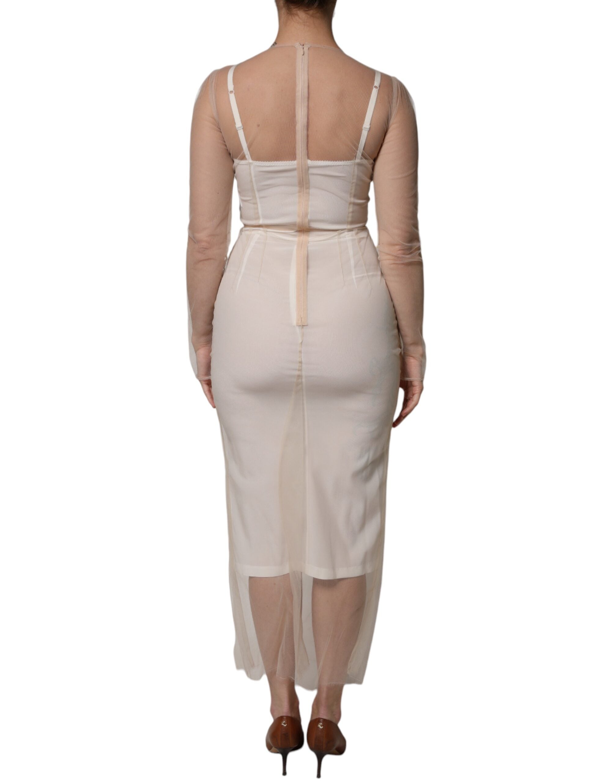 Dolce & Gabbana White Sheer Tulle Bustier Bodycon Midi Dress Dolce & Gabbana