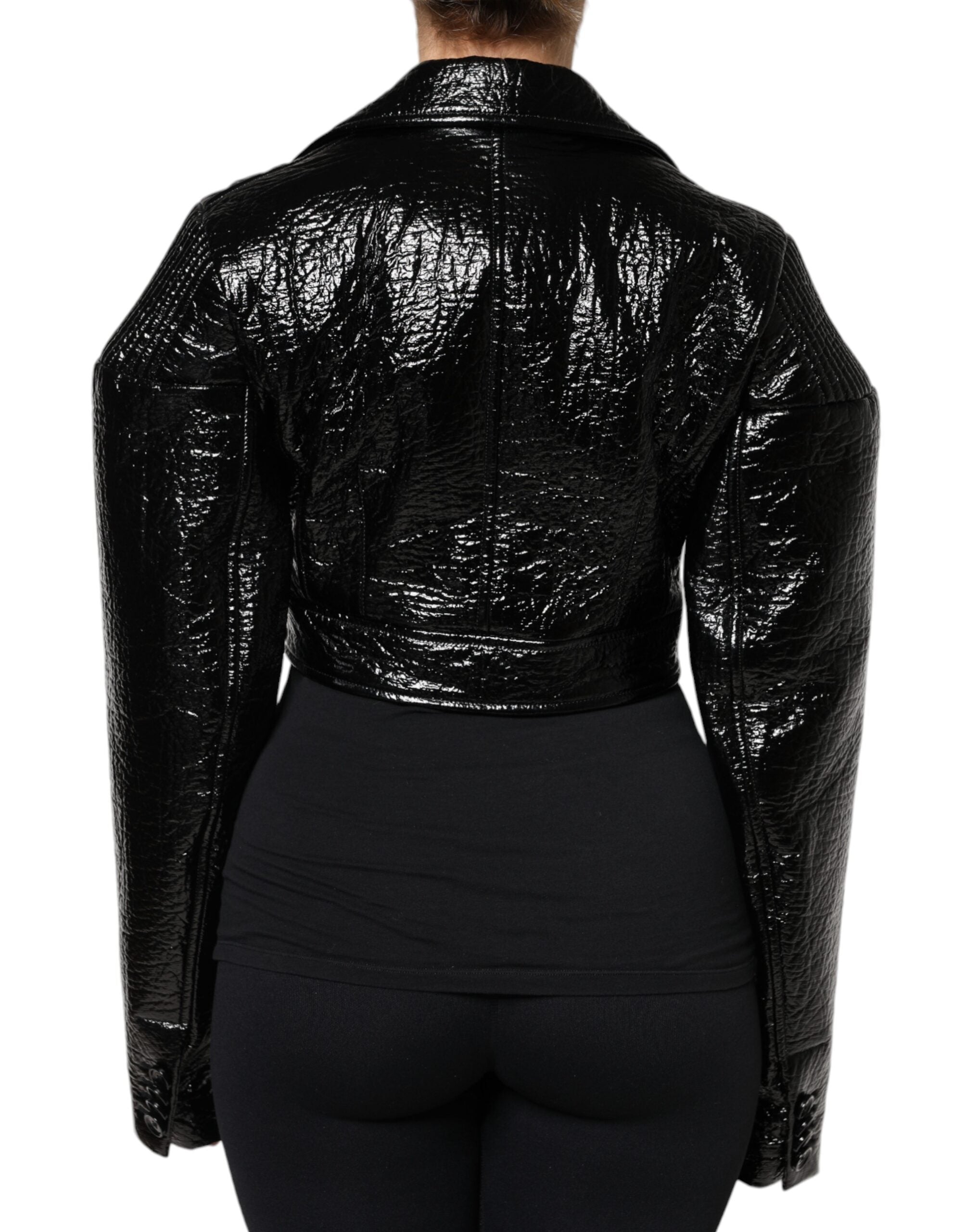 Dolce & Gabbana Black Leather Cropped Long Sleeve Coat Jacket Dolce & Gabbana