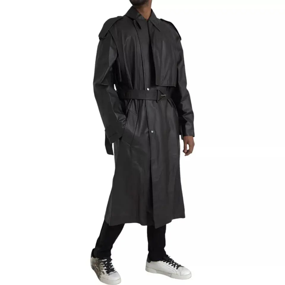 Bottega Veneta Black Leather Men Waterproof Trenchcoat Jacket Bottega Veneta