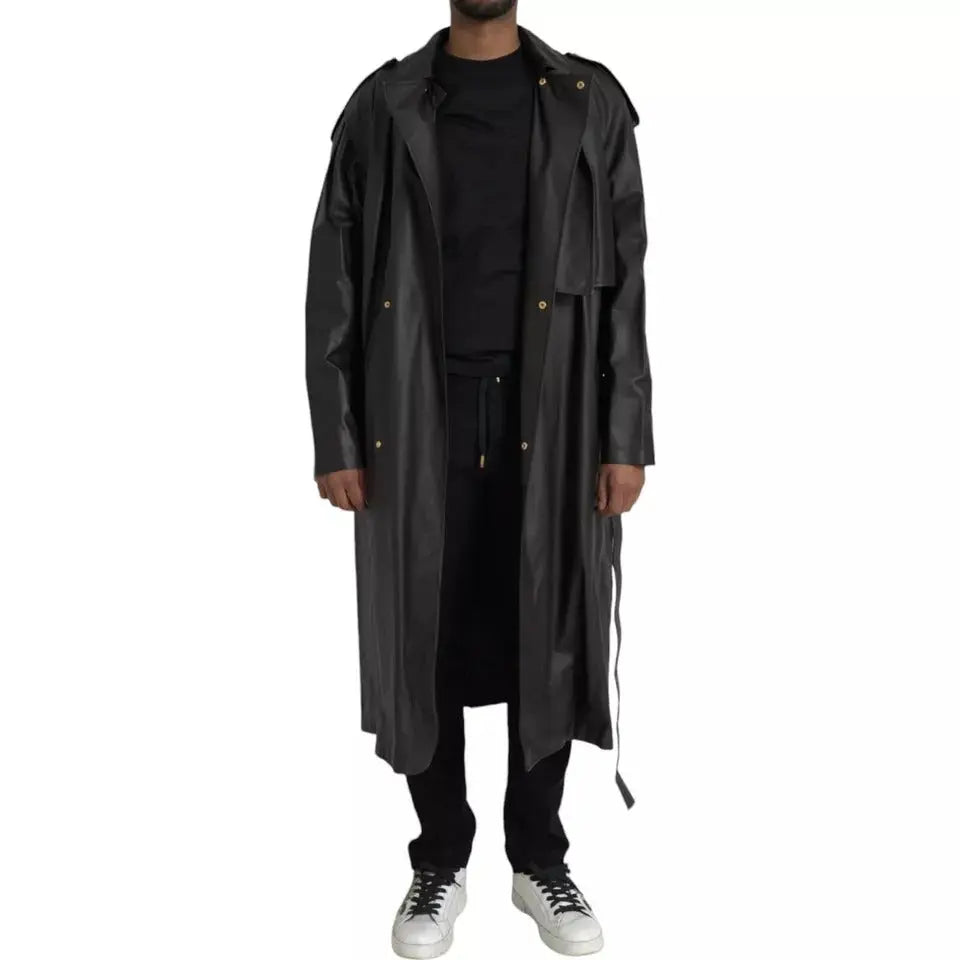 Bottega Veneta Black Leather Men Waterproof Trenchcoat Jacket Bottega Veneta