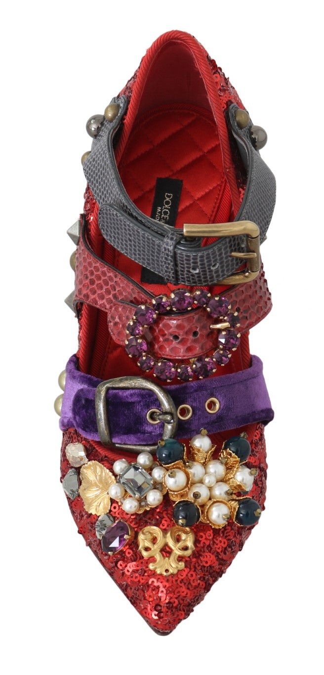 Dolce & Gabbana Red Sequined Crystal Studs Heels Shoes Dolce & Gabbana