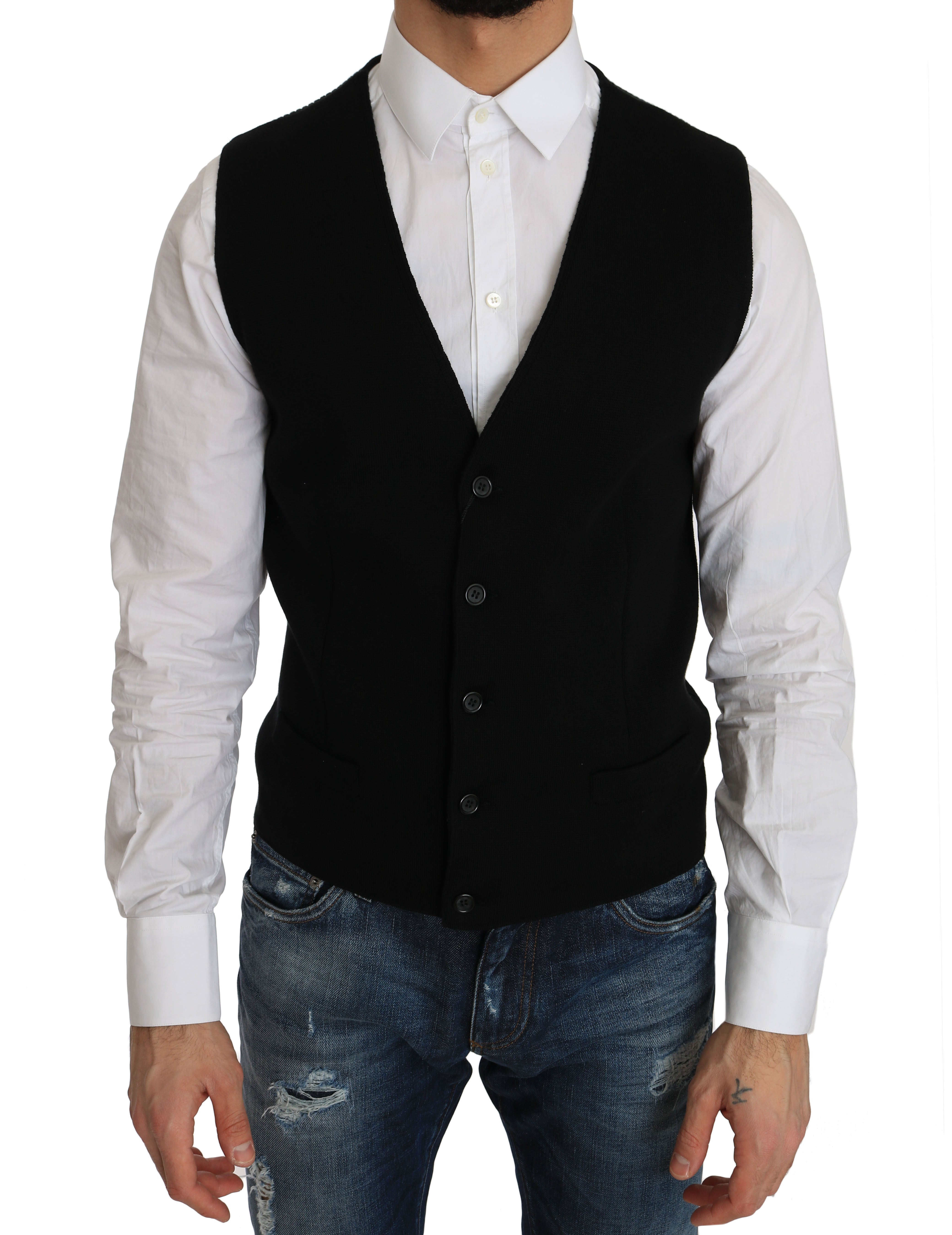 Dolce & Gabbana Black Cotton Dress Woven Waistcoat Dolce & Gabbana