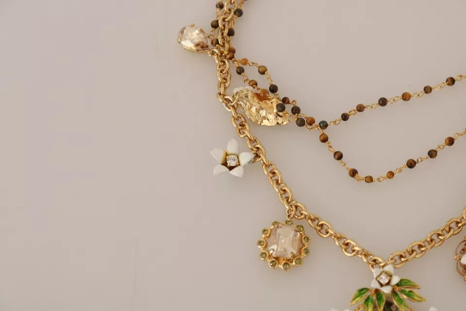 Dolce & Gabbana Gold Brass Crystal Floral Statement Charms Necklace Dolce & Gabbana