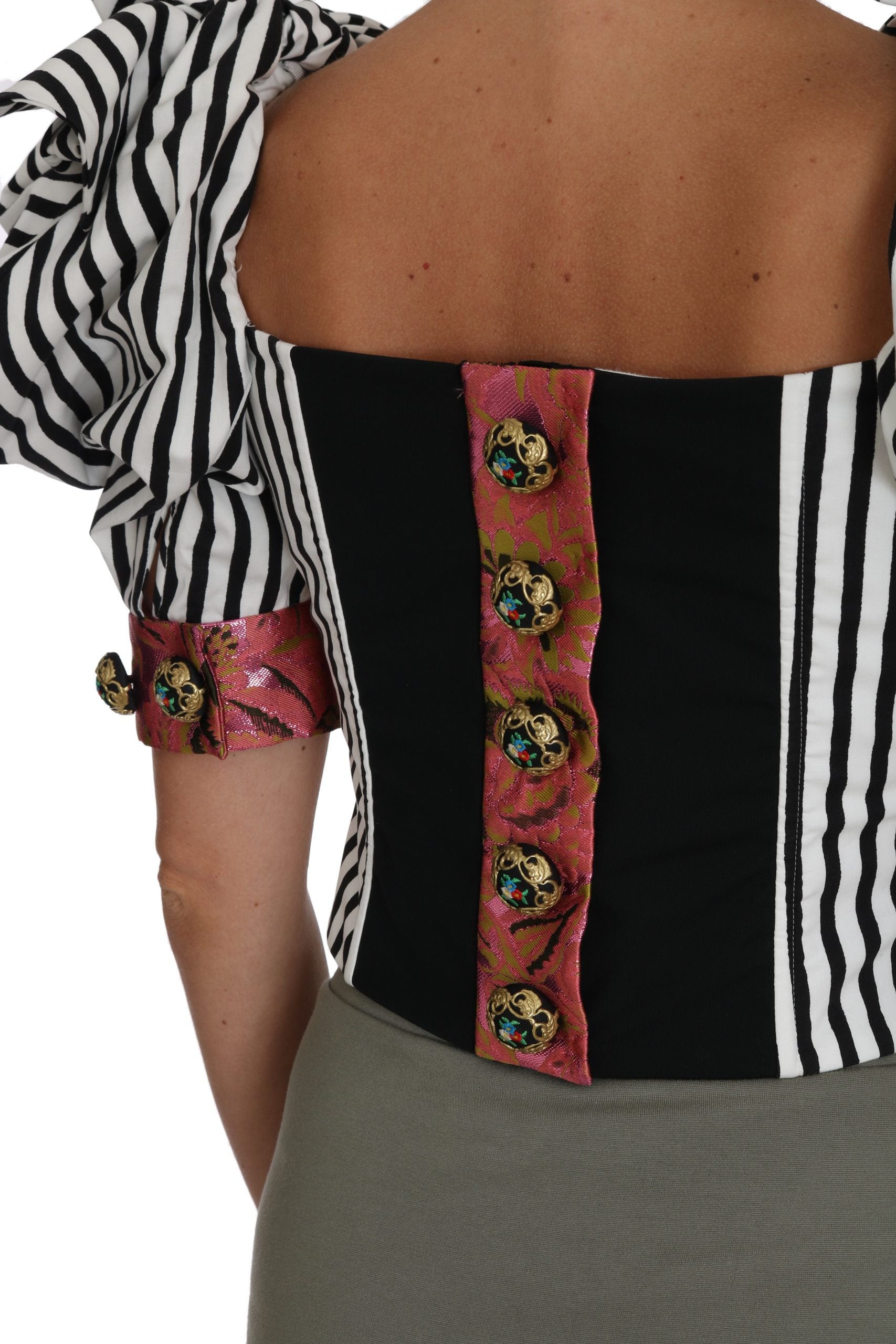 Dolce & Gabbana White Black Striped Cropped Top Puff Sleeve Shirts Dolce & Gabbana