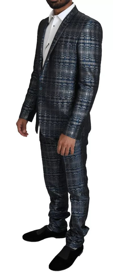 Dolce & Gabbana Blue Silver Shiny 2 Piece Slim GOLD Suit Dolce & Gabbana