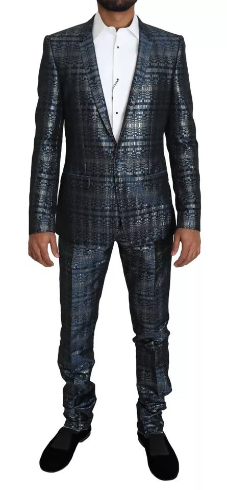 Dolce & Gabbana Blue Silver Shiny 2 Piece Slim GOLD Suit Dolce & Gabbana