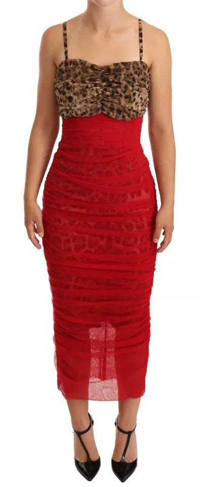 Dolce & Gabbana Brown Leopard Red Tulle Sheath Midi Dress Dolce & Gabbana