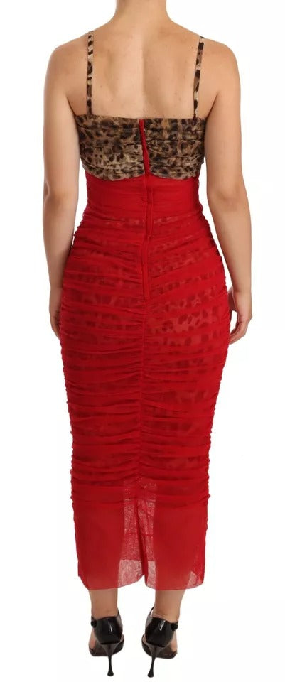 Dolce & Gabbana Brown Leopard Red Tulle Sheath Midi Dress Dolce & Gabbana