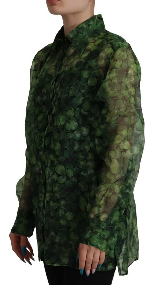 Dolce & Gabbana Green Clover Print Long Sleeves Collared Top Blouse Dolce & Gabbana