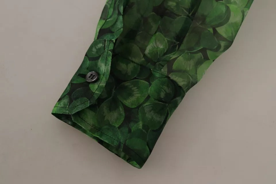 Dolce & Gabbana Green Clover Print Long Sleeves Collared Top Blouse Dolce & Gabbana