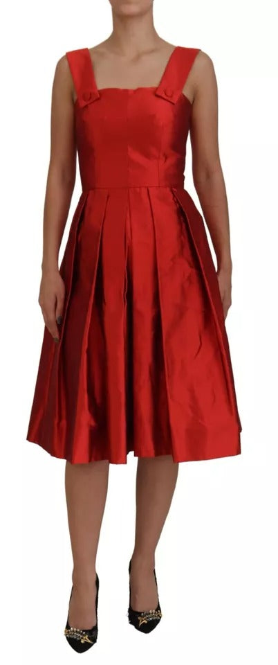 Dolce & Gabbana Red A-line Pleated Midi Satin Silk Dress Dolce & Gabbana
