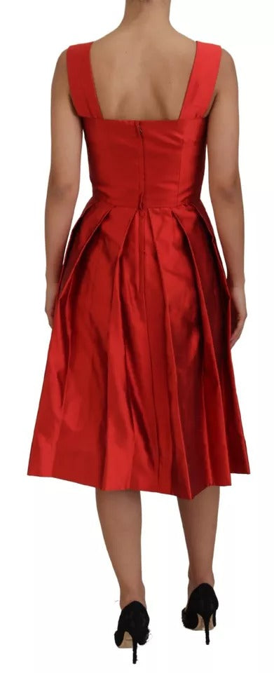 Dolce & Gabbana Red A-line Pleated Midi Satin Silk Dress Dolce & Gabbana